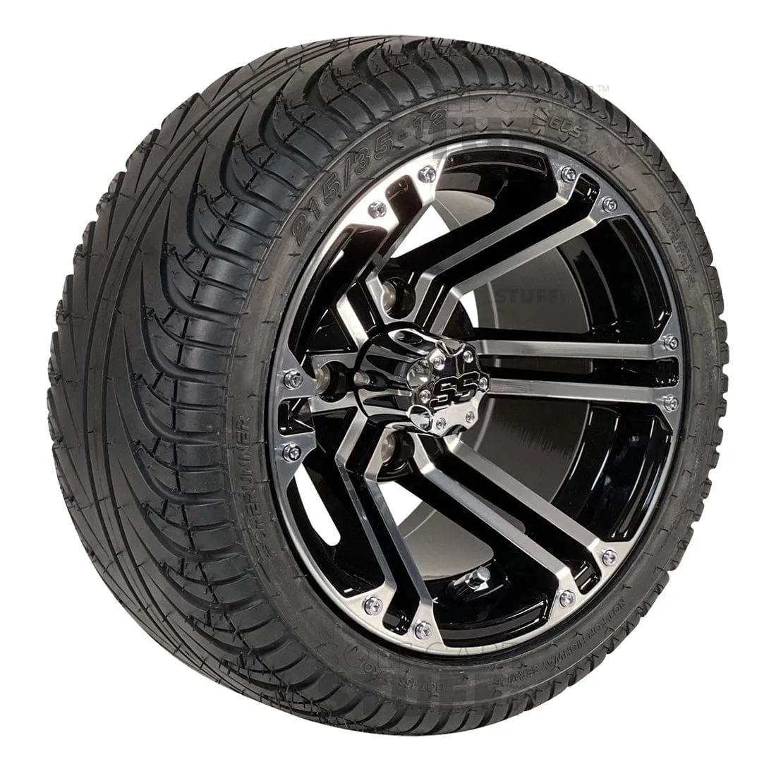 12" Terminator Black and Machined Aluminum Golf Cart Wheels and 215/35-12 Low-Profile Golf Cart Tires Combo - Set of 4