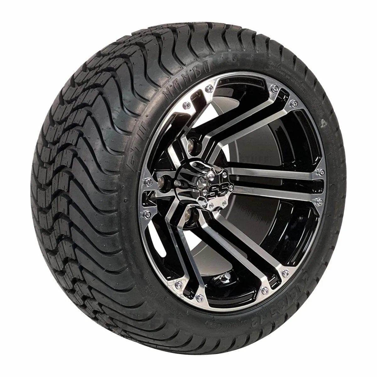 12" Terminator Black and Machined Aluminum Golf Cart Wheels and 215/35-12 Low-Profile Golf Cart Tires Combo - Set of 4