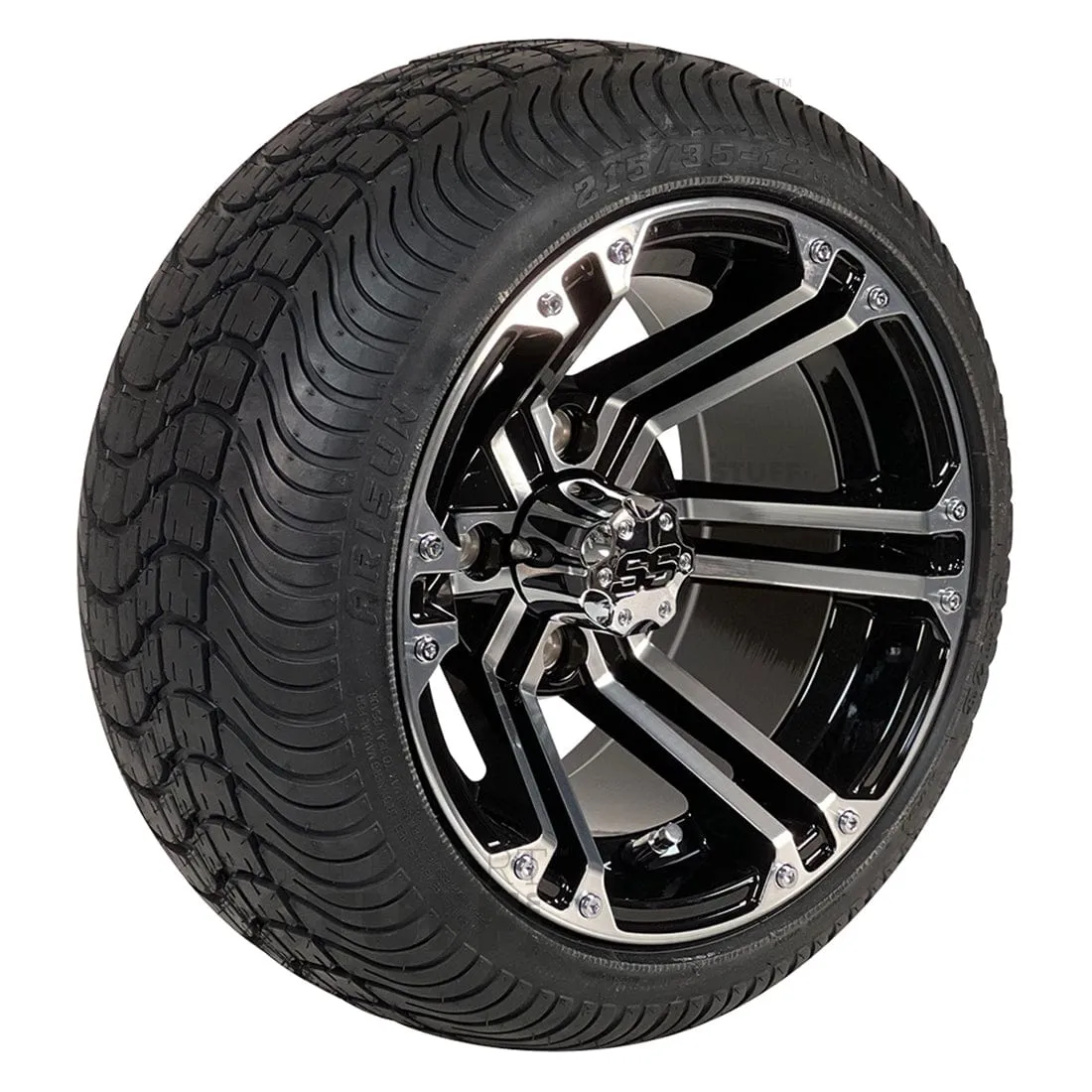 12" Terminator Black and Machined Aluminum Golf Cart Wheels and 215/35-12 Low-Profile Golf Cart Tires Combo - Set of 4