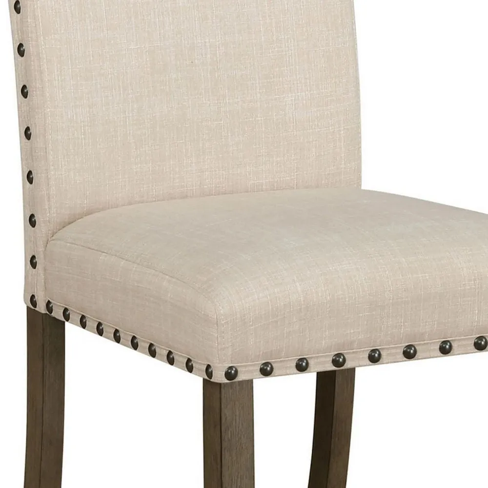 19 Inch Beige Fabric Dining Chair, Set of 2, Rustic Brown, Nailhead Trim By Casagear Home