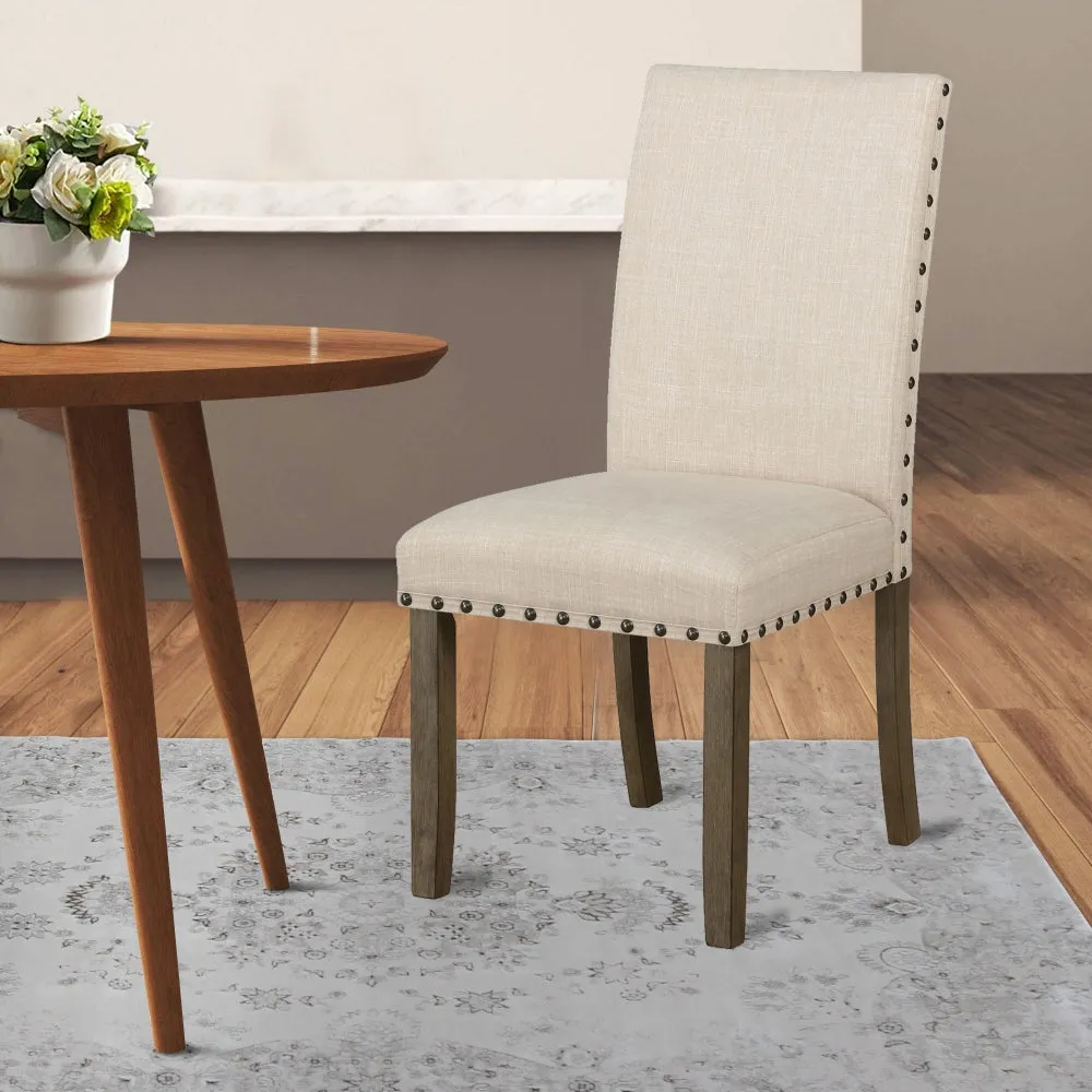 19 Inch Beige Fabric Dining Chair, Set of 2, Rustic Brown, Nailhead Trim By Casagear Home