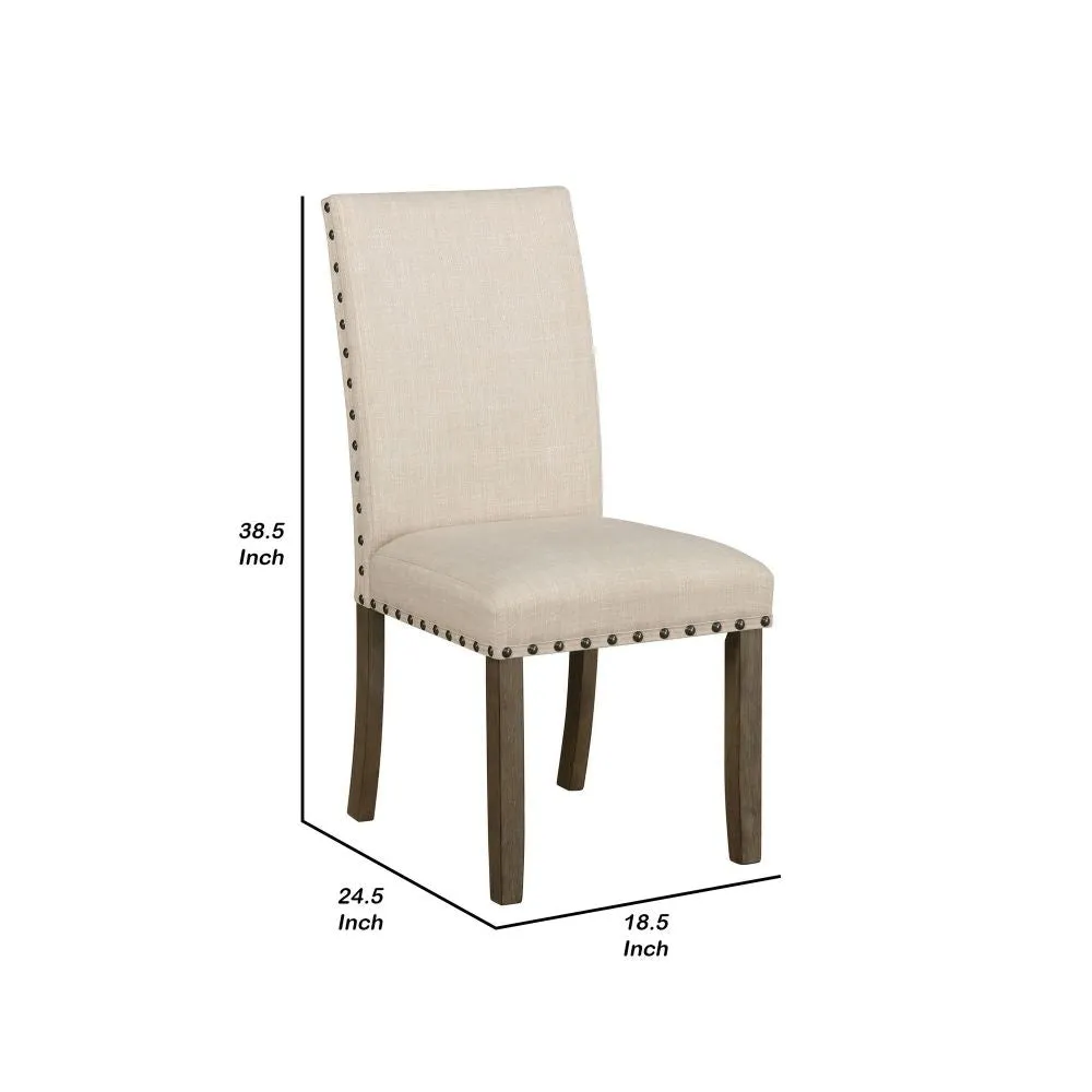 19 Inch Beige Fabric Dining Chair, Set of 2, Rustic Brown, Nailhead Trim By Casagear Home