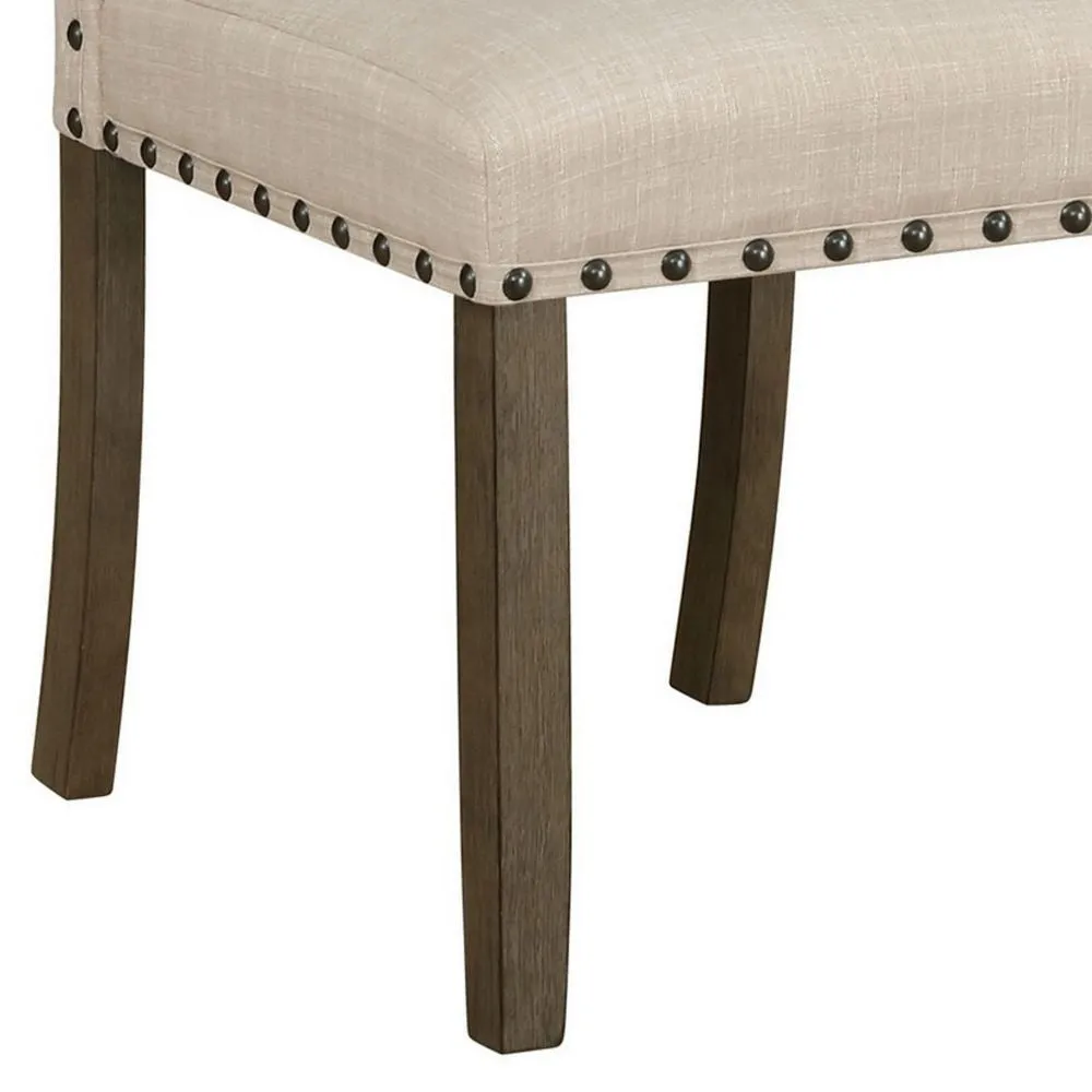 19 Inch Beige Fabric Dining Chair, Set of 2, Rustic Brown, Nailhead Trim By Casagear Home