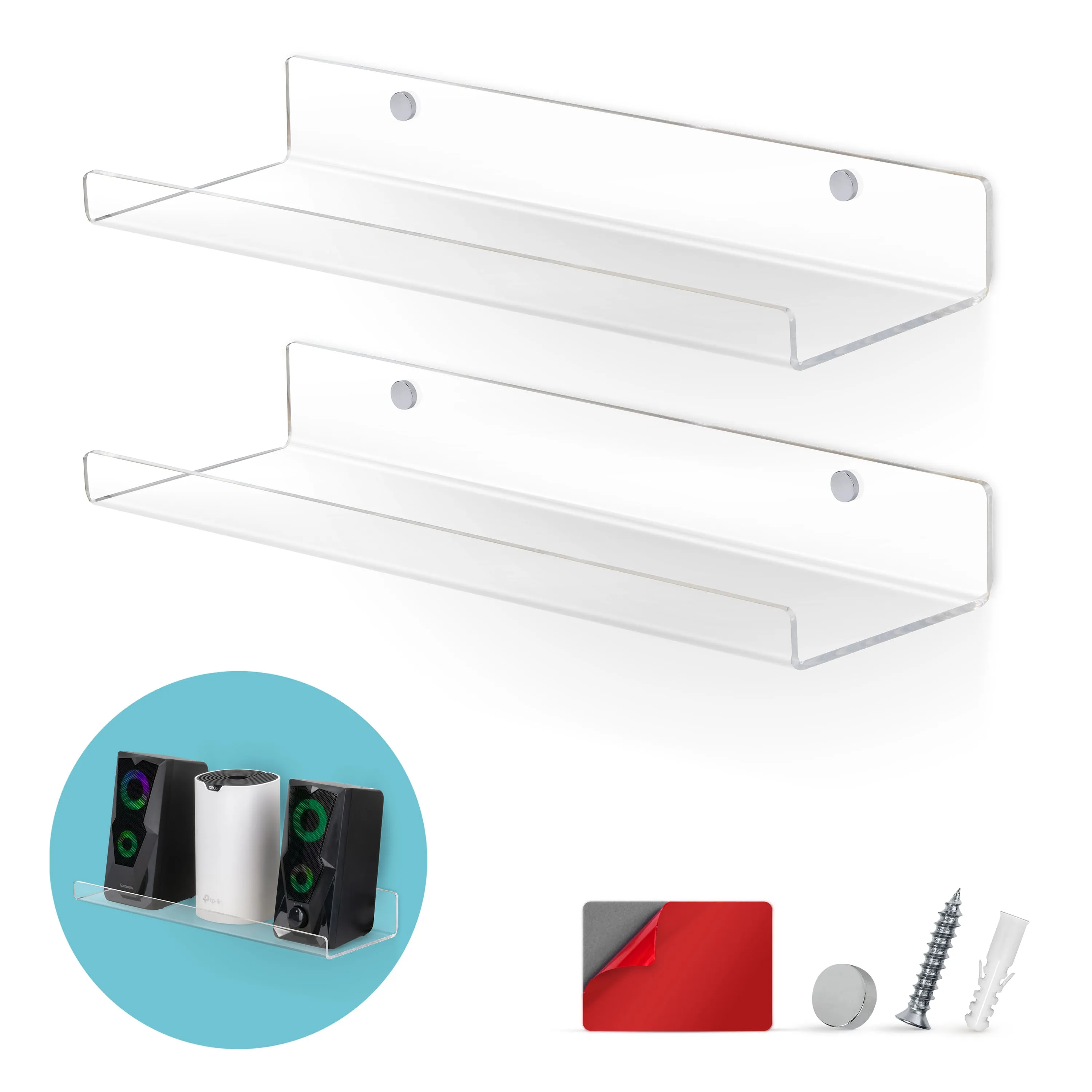 2-Pack 15" Floating Acrylic Wall Shelf for Speakers, Books, Decor, Plants, Cameras, Photos, Kitchen, Bathroom, Routers & More Universal Small Holder Shelves