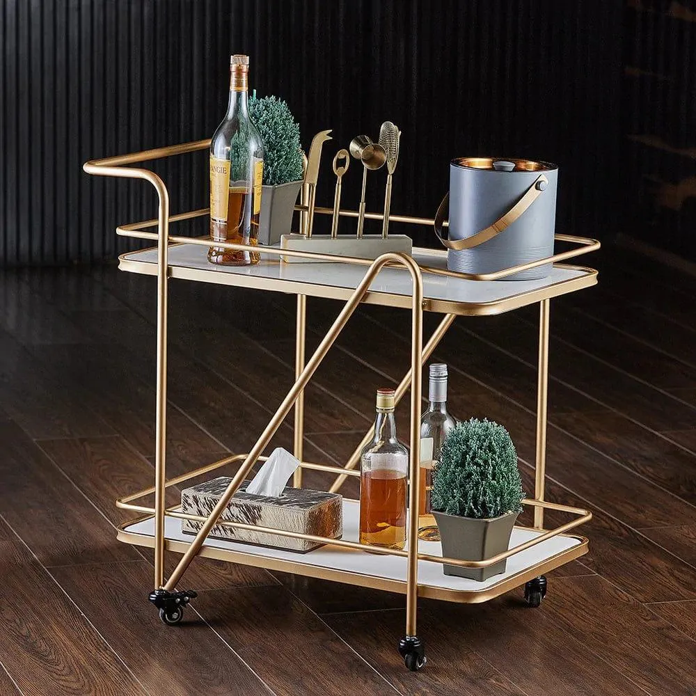 2 Tier Metallic Marble Elegance Rolling Bar Cart - Stylish and Functional Serving Cart with Wheels