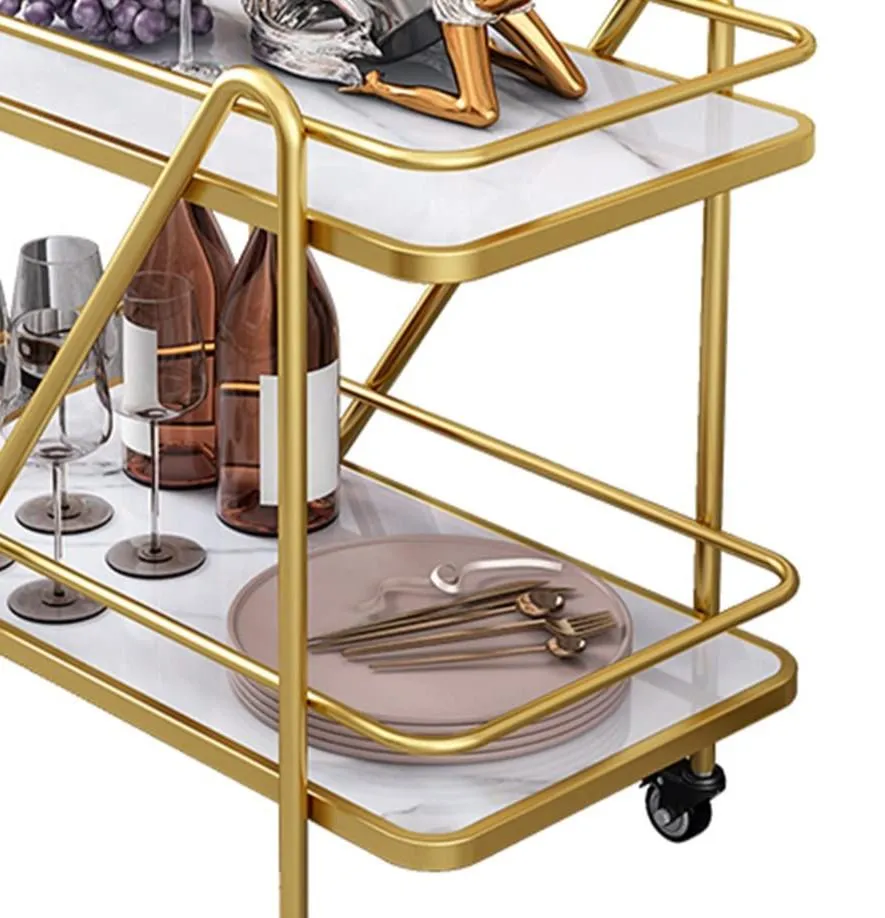 2 Tier Metallic Marble Elegance Rolling Bar Cart - Stylish and Functional Serving Cart with Wheels