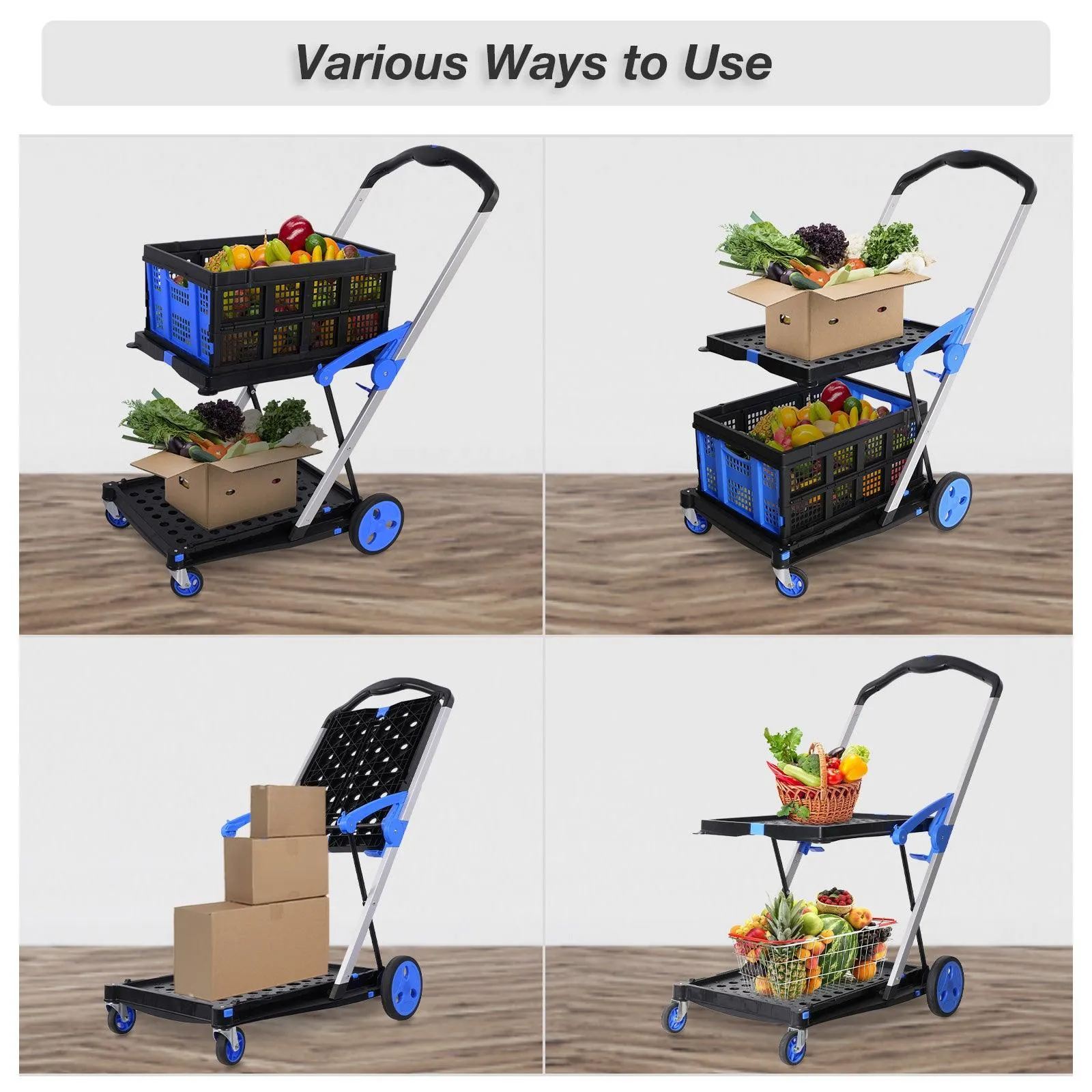 2-Tier Multi-Functional Collapsible Carts Foldable Trolley with Storage Crate Rolling Swivel Wheels