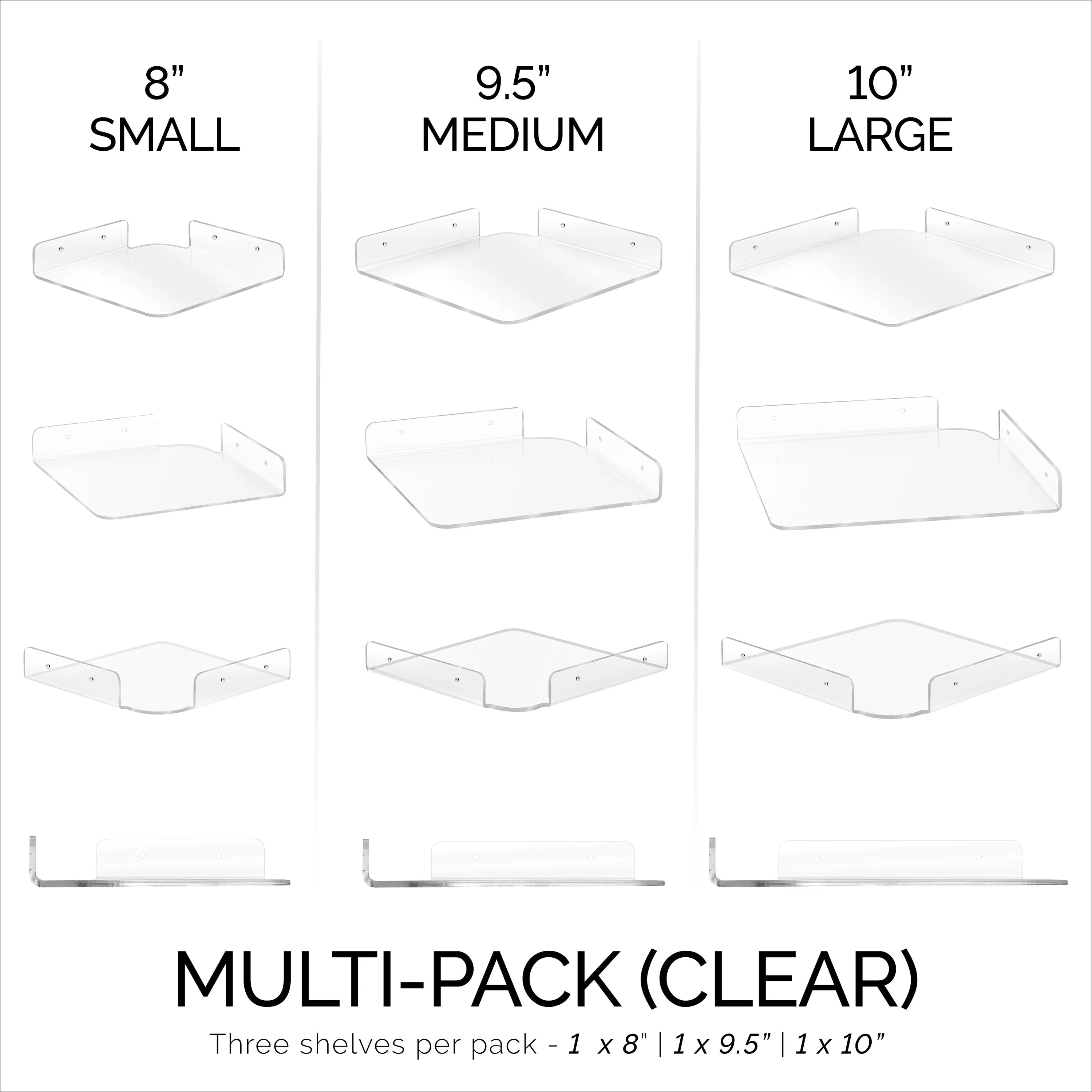 3-Pack Mixed Size Corner Shelf (8” 9.5” & 10”) for Speakers, Books, Decor, Plants, Cameras, Photos, Kitchen, Bathroom, Routers & More Universal Small Holder Acrylic Wall Shelves