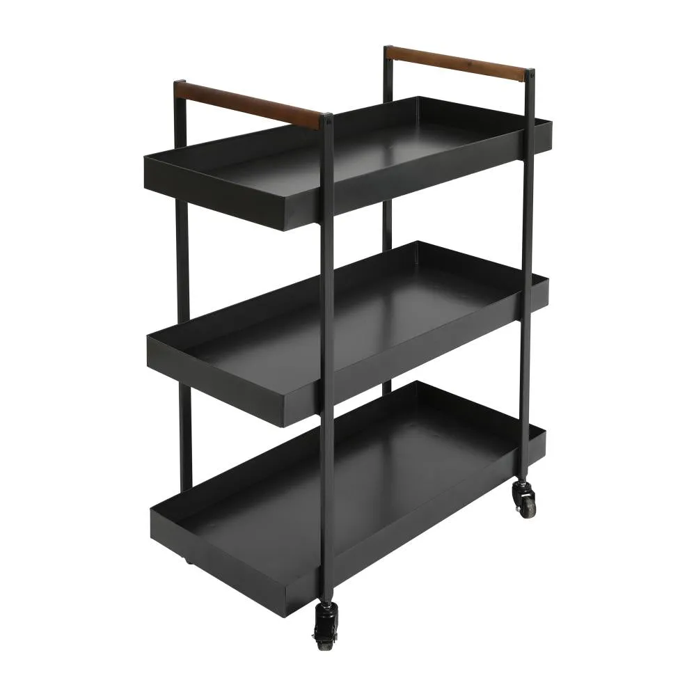 3 Tier Bar Cart with Tray Shelves, Metal Frame, and Raised Edges, Black By The Urban Port