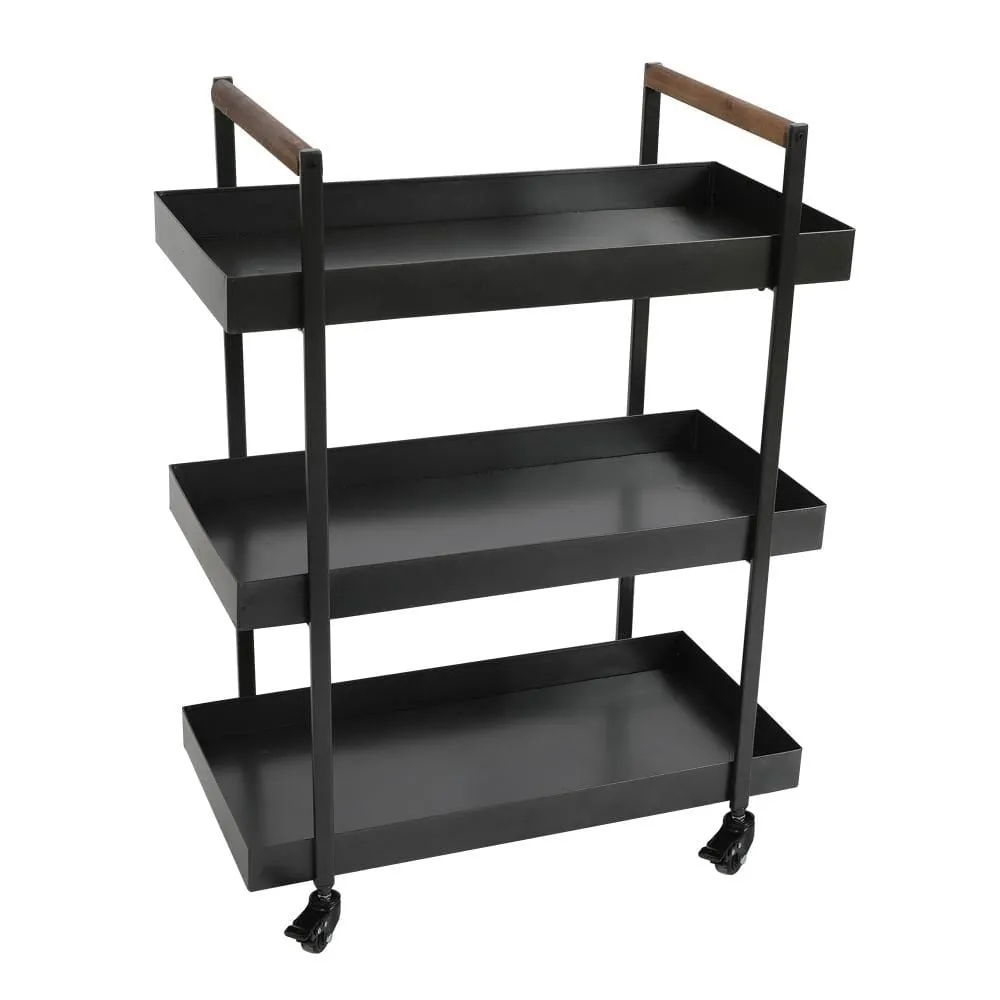 3 Tier Bar Cart with Tray Shelves, Metal Frame, and Raised Edges, Black By The Urban Port