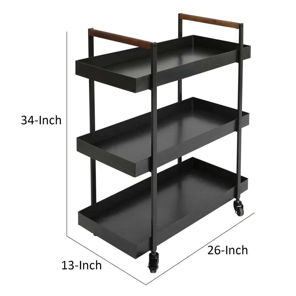 3 Tier Bar Cart with Tray Shelves, Metal Frame, and Raised Edges, Black By The Urban Port