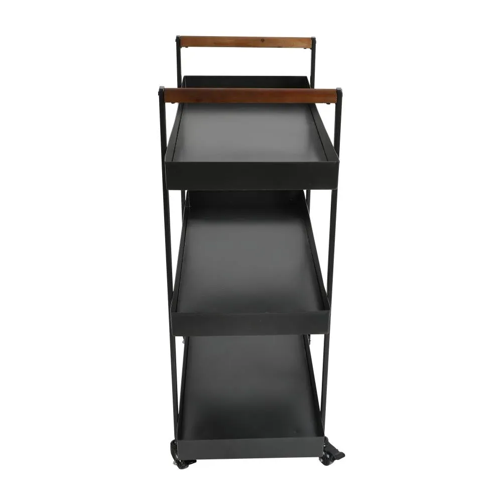 3 Tier Bar Cart with Tray Shelves, Metal Frame, and Raised Edges, Black By The Urban Port