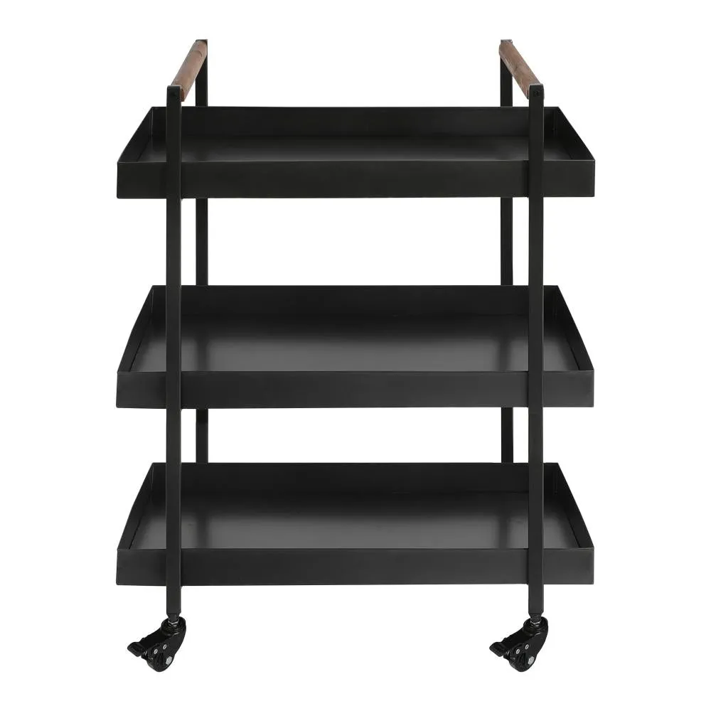 3 Tier Bar Cart with Tray Shelves, Metal Frame, and Raised Edges, Black By The Urban Port