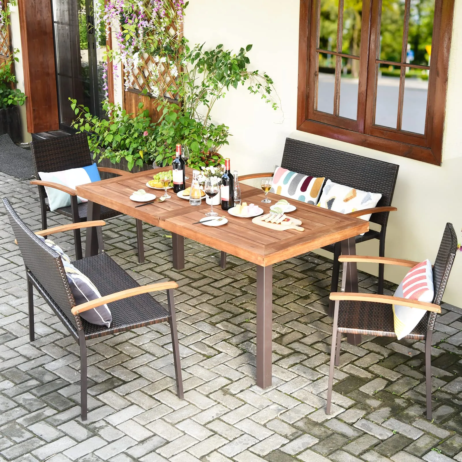 5 Pieces Wicker Patio Dining Set, Patiojoy Outdoor Rattan Backyard Porch Garden Dining Set