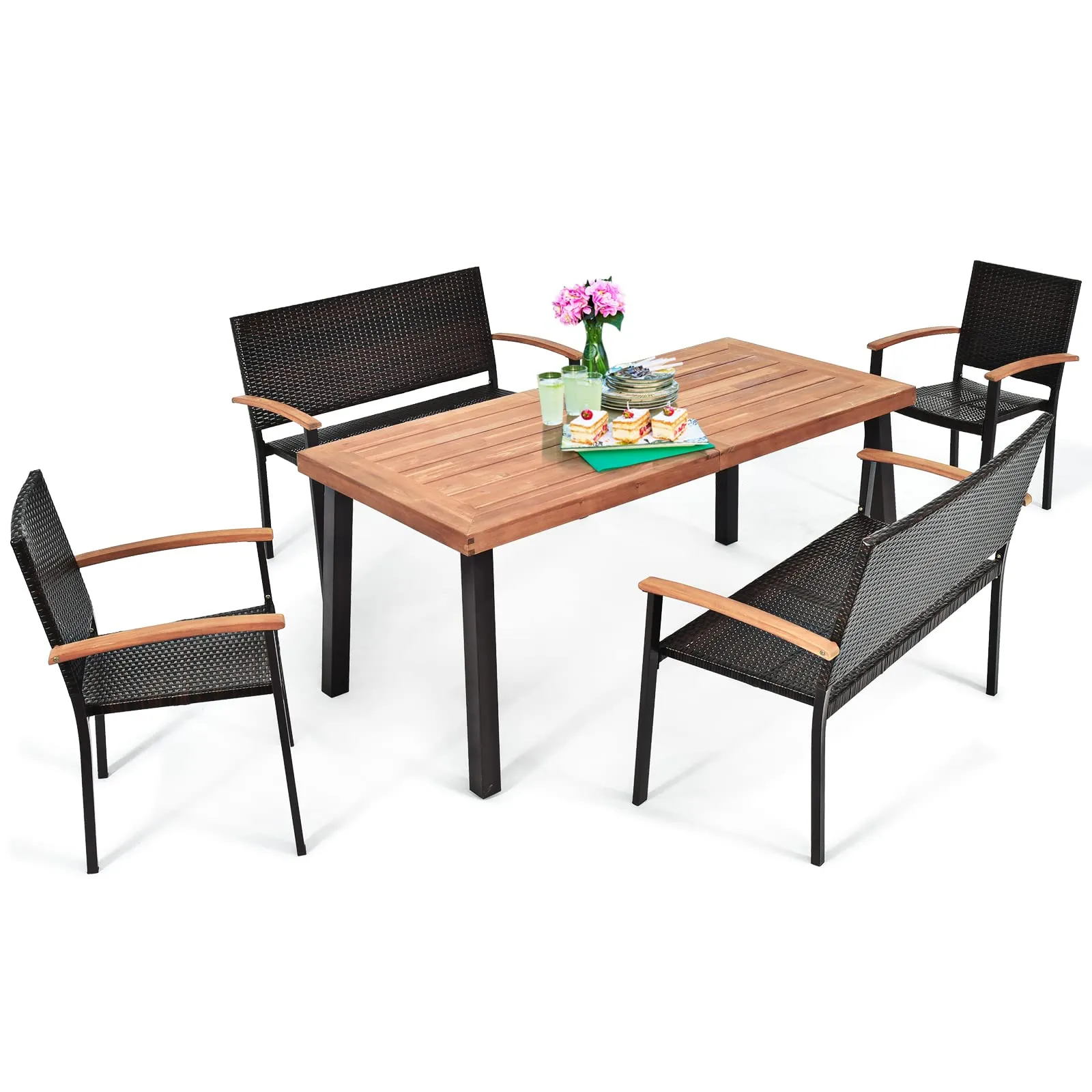 5 Pieces Wicker Patio Dining Set, Patiojoy Outdoor Rattan Backyard Porch Garden Dining Set