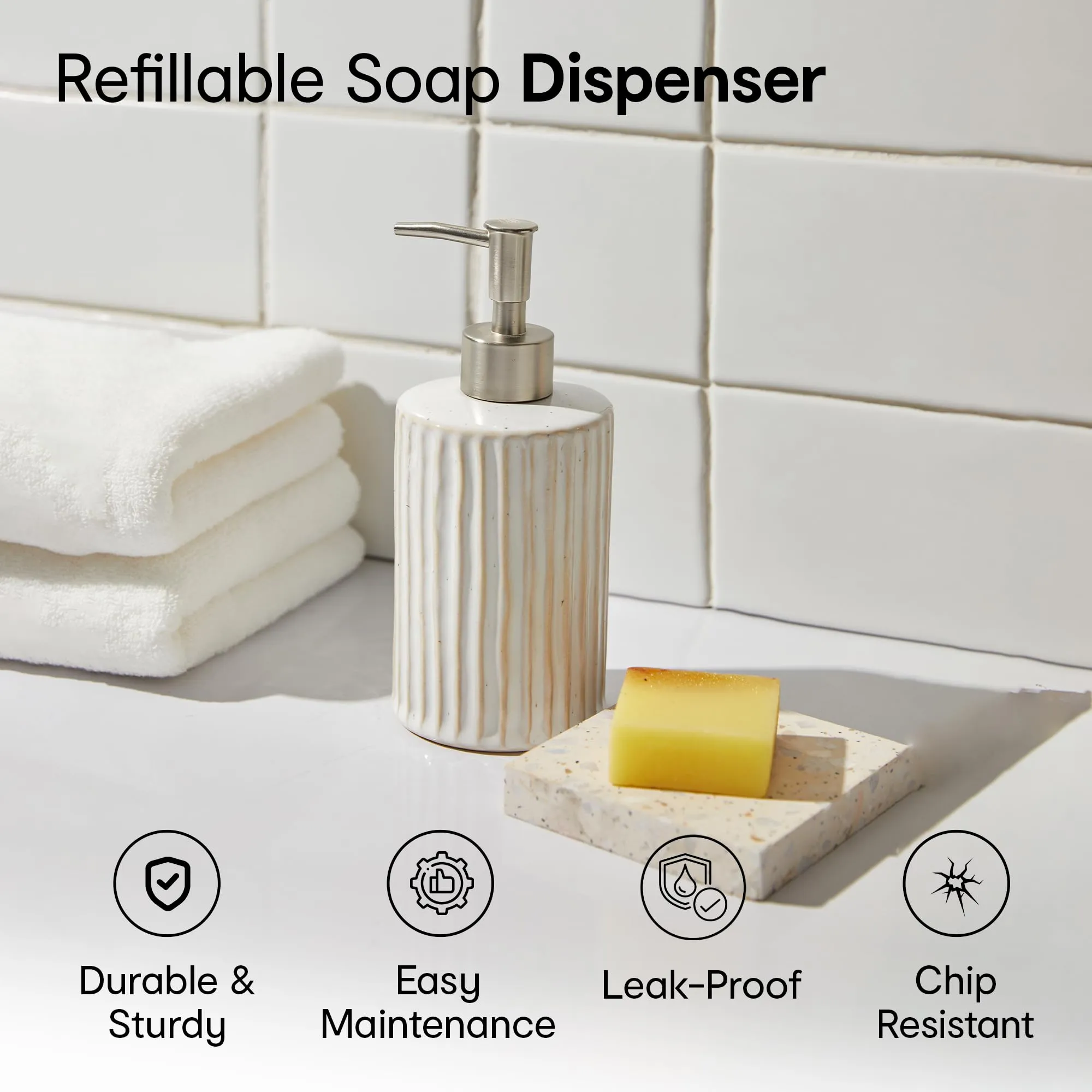 Anko Soap Dispenser Reactive Lined - Stylish Ceramic Bath Accessory Set | Durable Plastic Sprayer | Natural Finish | 18.5x8.2cm