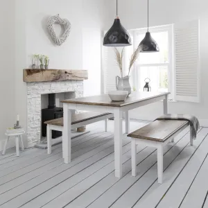 Canterbury 180cm Dining Table and 2 Benches in White & Dark Pine