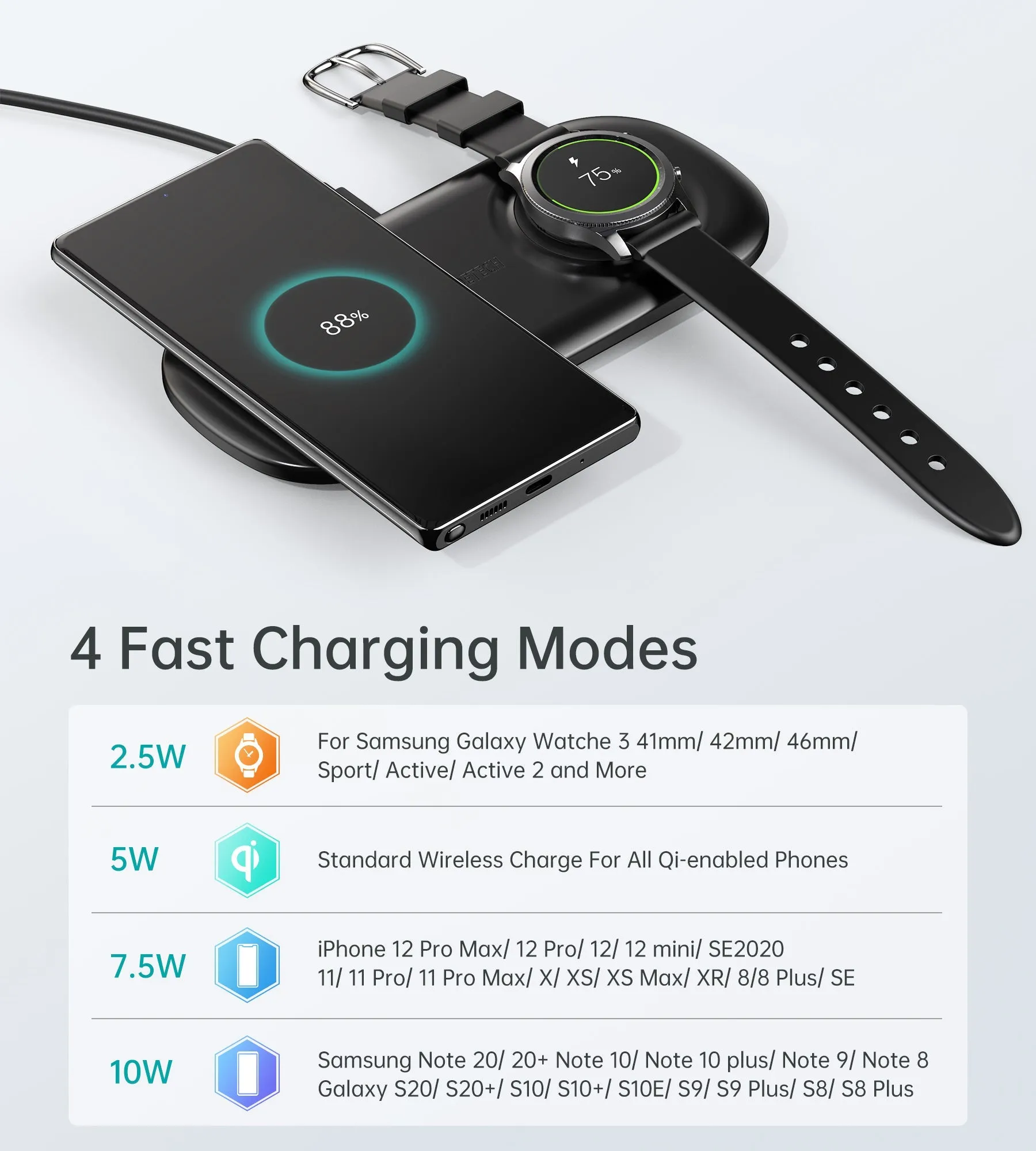 CHOETECH 2 in 1 Wireless Charger, 10W Max Wireless Charging Pad with Adapter for Galaxy Watch - T570