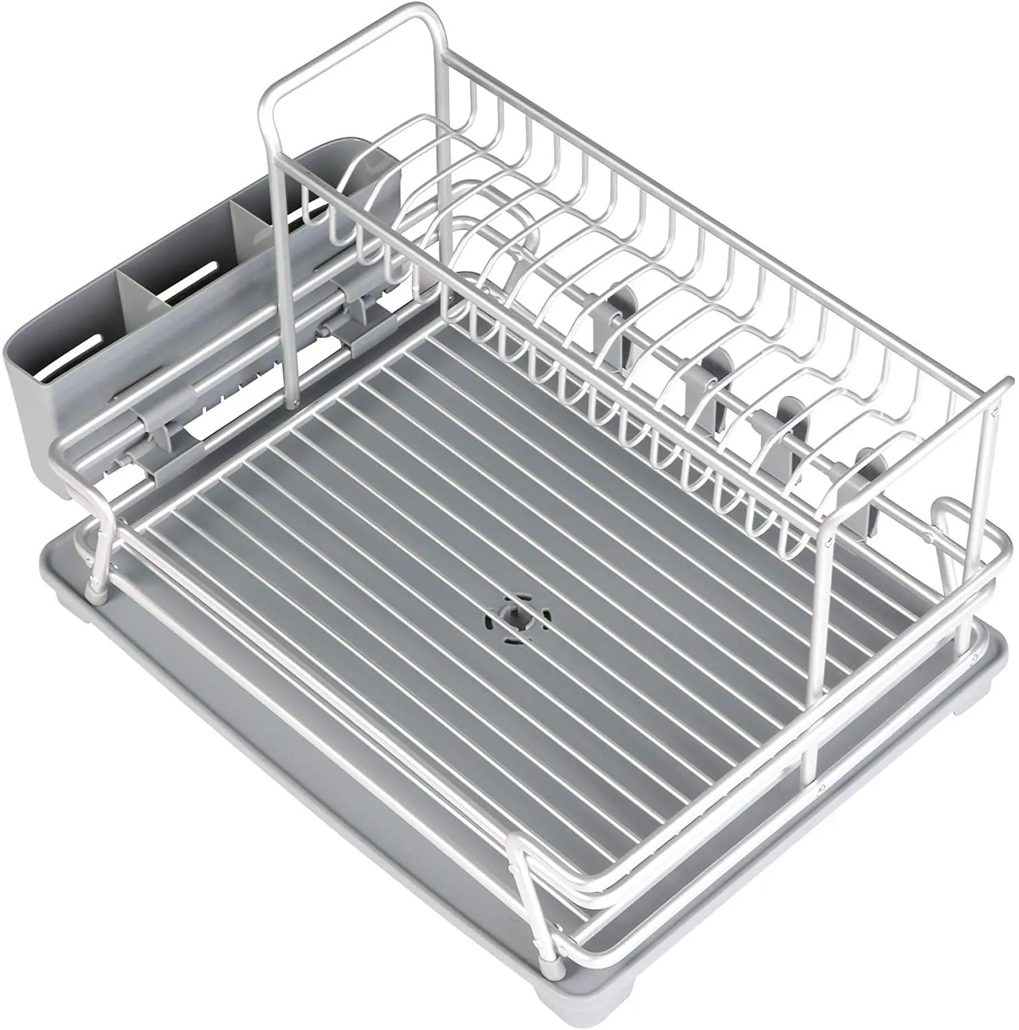 Dish Drying Rack with 360° Swivel Drain Board and Drain Spout, Grey