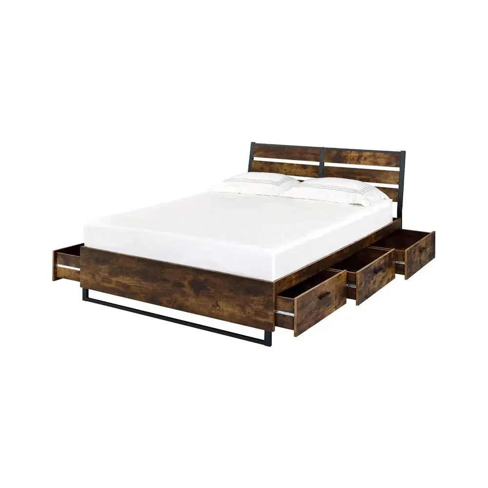 Giuliana Industrial Queen Bed w/Storage Drawers, Rustic Oak & Black Finish