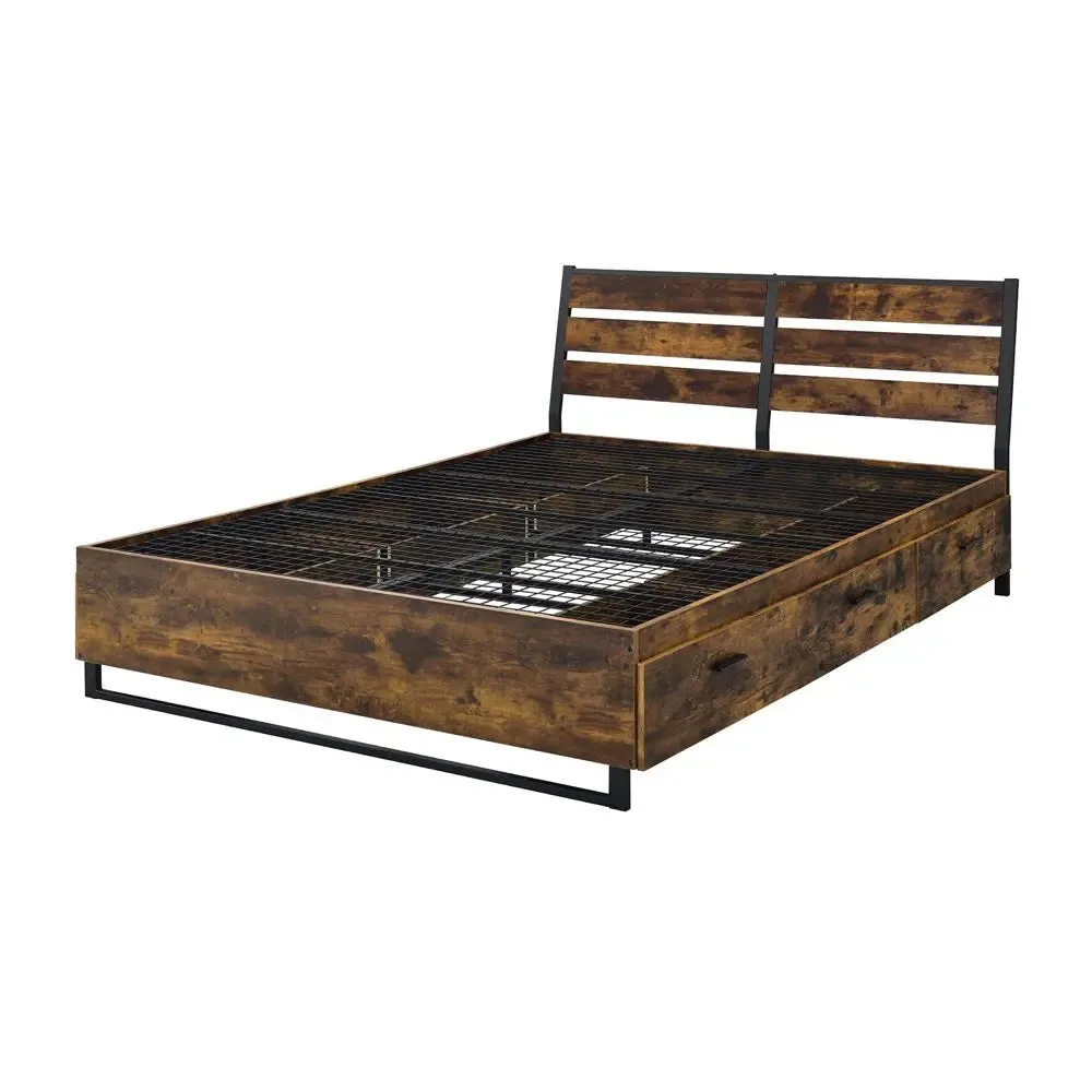 Giuliana Industrial Queen Bed w/Storage Drawers, Rustic Oak & Black Finish