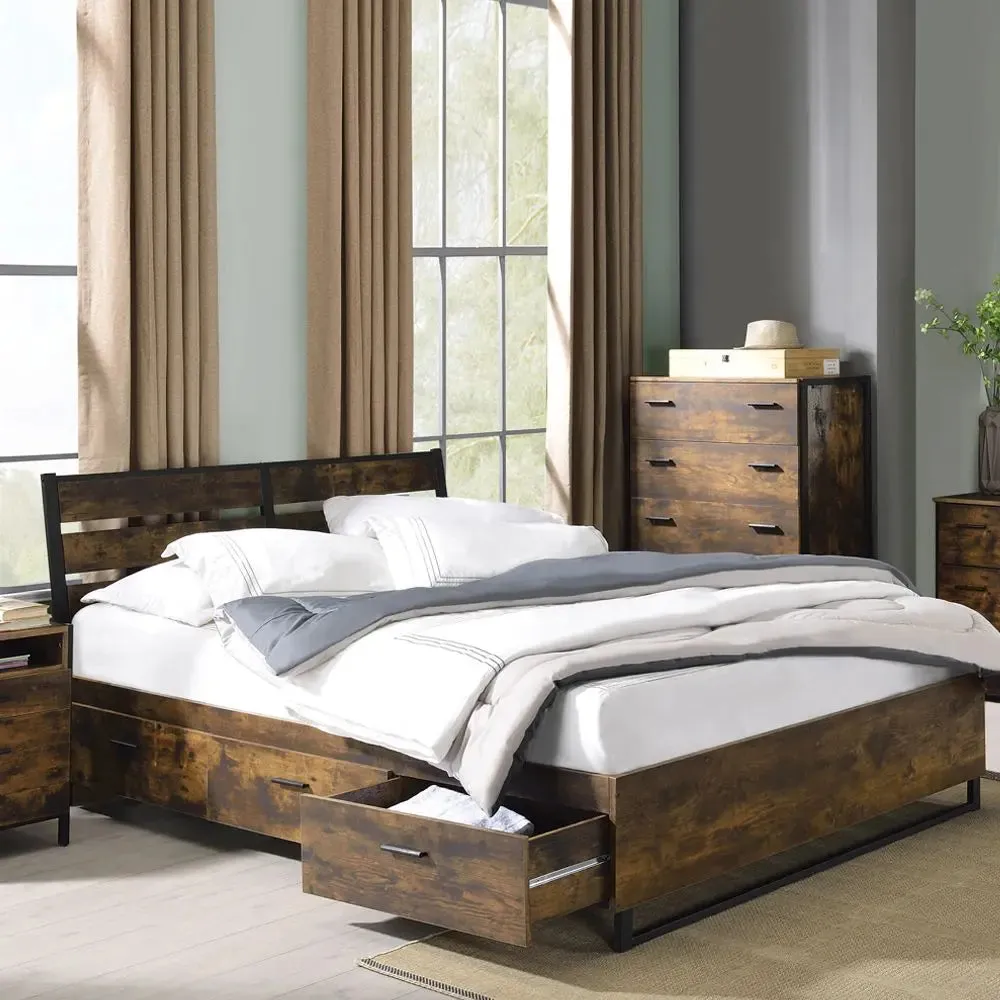 Giuliana Industrial Queen Bed w/Storage Drawers, Rustic Oak & Black Finish