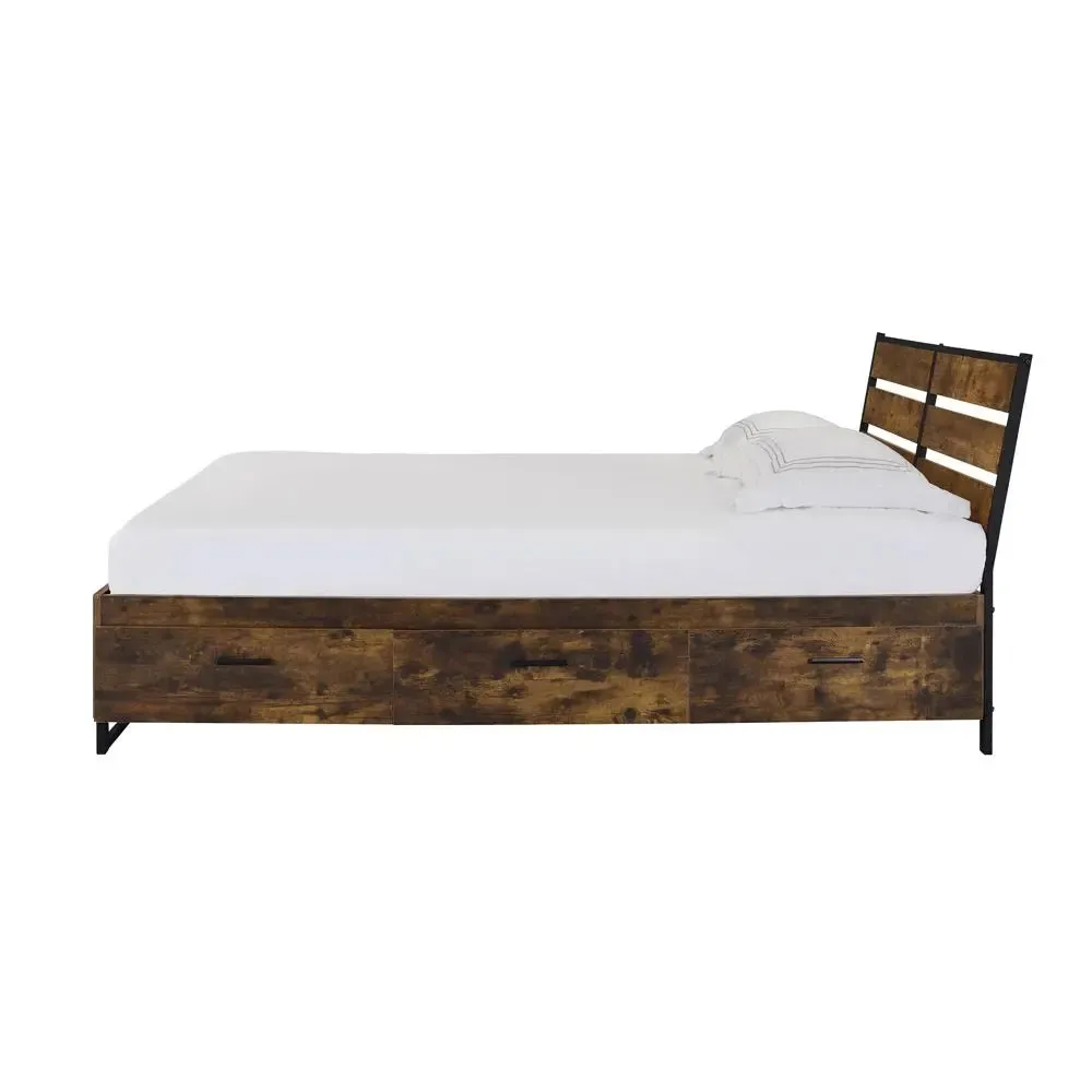 Giuliana Industrial Queen Bed w/Storage Drawers, Rustic Oak & Black Finish