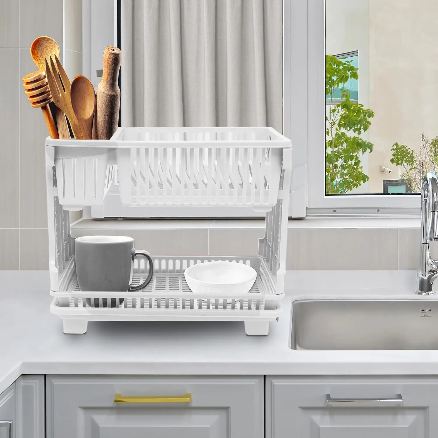 Heart Home Dish Rack | Plastic Dish Rack with Drainer | Drying Basket with Tray | Kitchen Drying Rack with Tray | Bartan Stand for Kitchen | Bartan Jali Rack | White