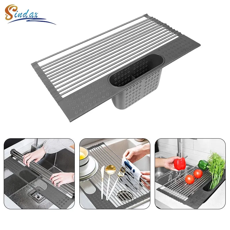 Kitchen Drain Rack Vegetable Fruit Dish Sponge Drainer Holder Basket Dinnerware Drying Shelf Stainless Steel Drainer Holder