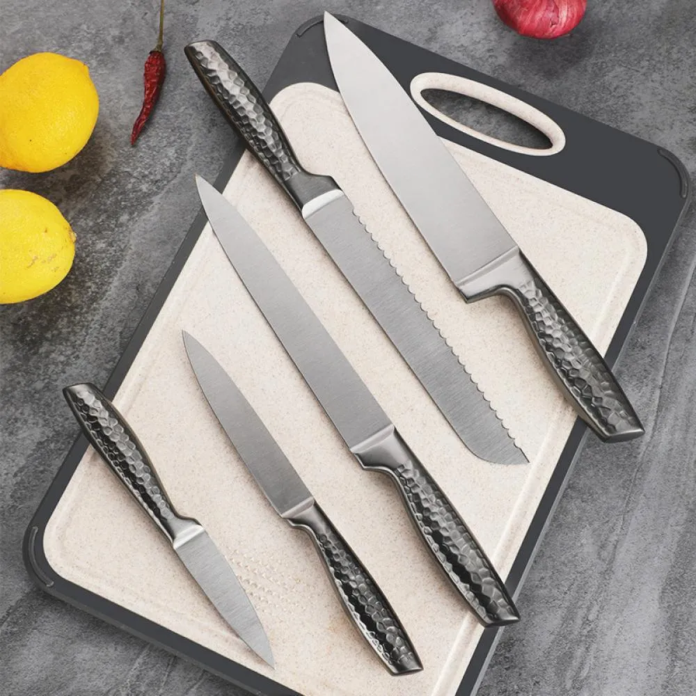 Kitchen Knife Set with Magnetic Knife Holder, 6 Pieces Titanium Plated Stainless Steel Sharp Kitchen Chef's Knife Including Chef's Knife, Bread Knife