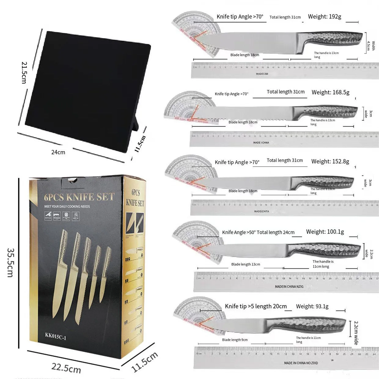 Kitchen Knife Set with Magnetic Knife Holder, 6 Pieces Titanium Plated Stainless Steel Sharp Kitchen Chef's Knife Including Chef's Knife, Bread Knife