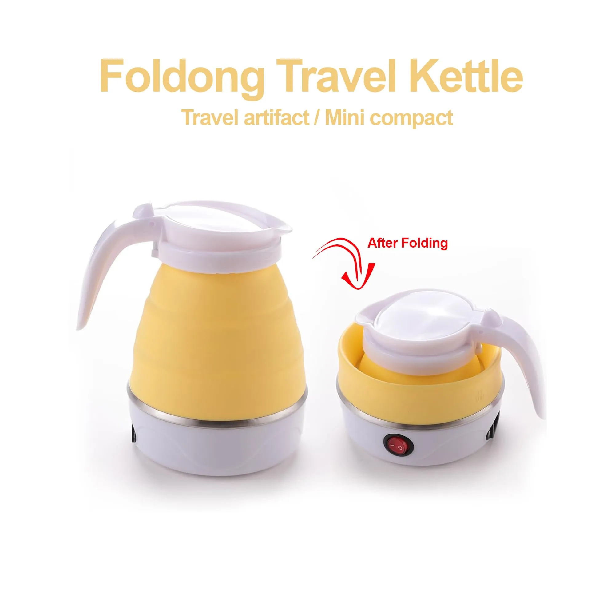 Kuber Industries Pack of 2 Foldable Electric Kettle 600 ML|Silicone Body With 304-Stainless Steel Base|Leak Proof Design|Multipurpose Portable Electric Kettle for Travel, Office & Home|600W|Yellow