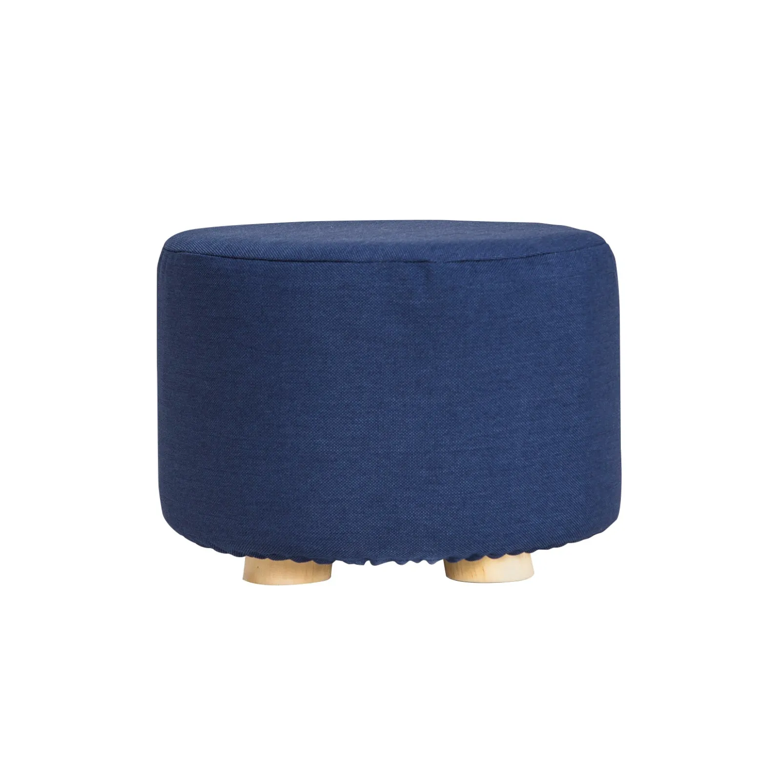 La Bella Dark Blue Fabric Ottoman Round Wooden Leg Foot Stool