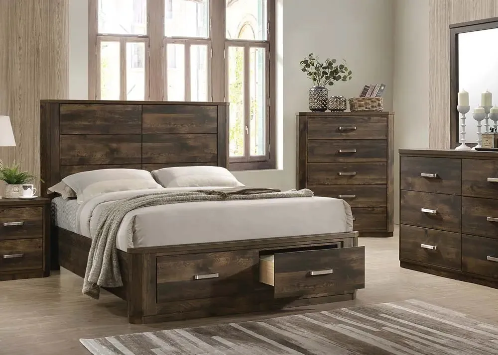 Mira King Bed w/Front Drawers, Rustic Walnut