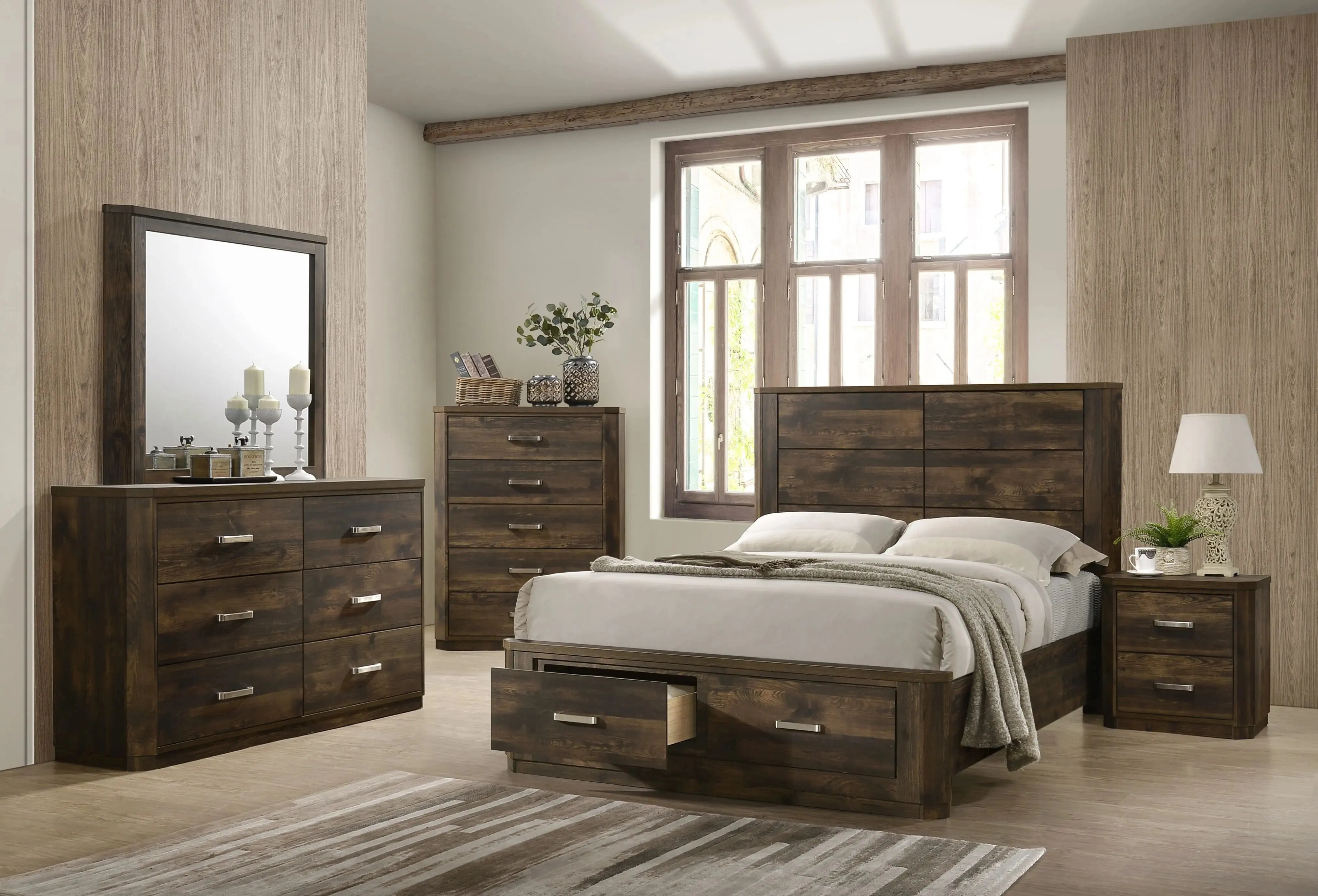 Mira King Bed w/Front Drawers, Rustic Walnut