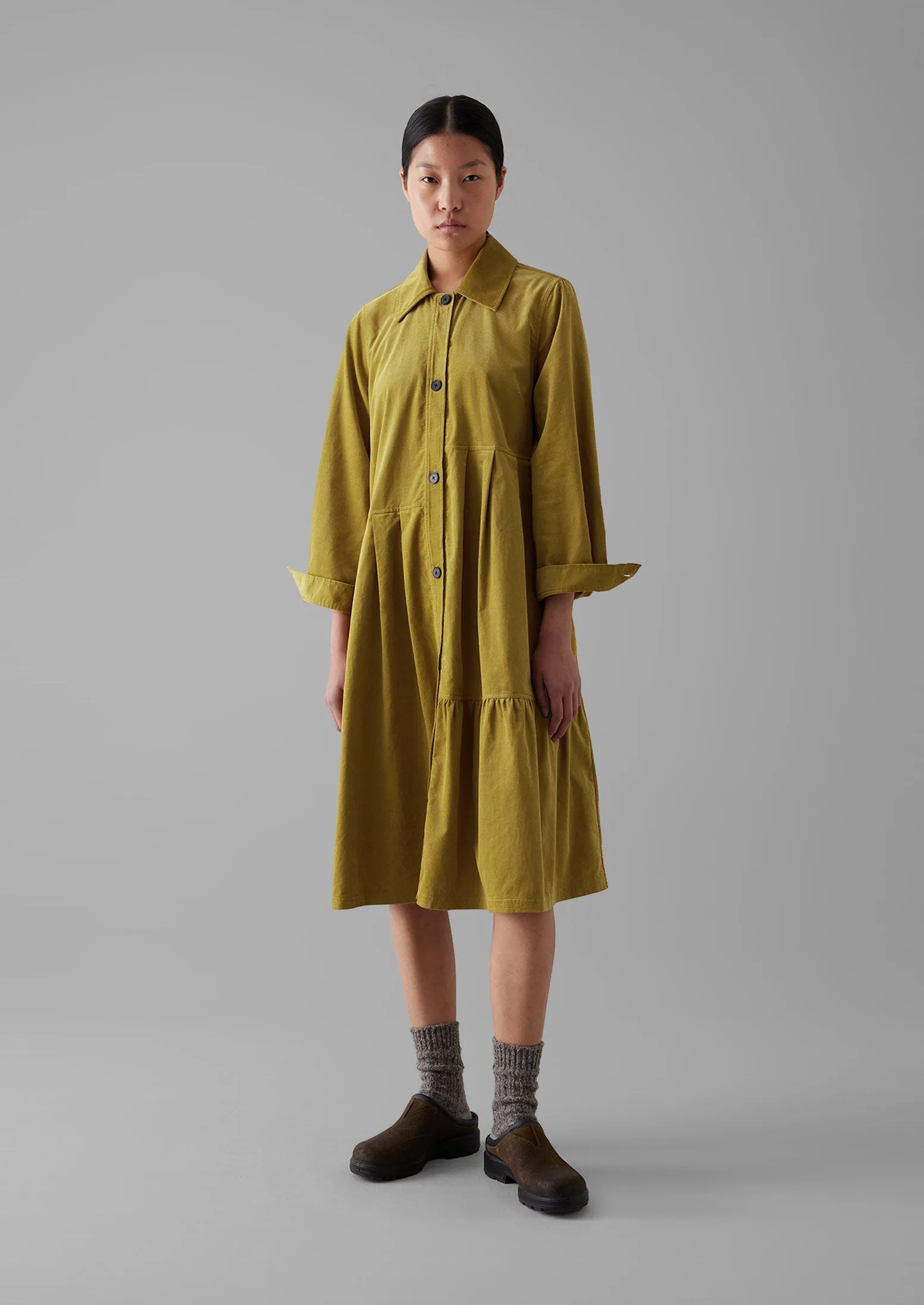 Panelled Organic Needlecord Dress | Golden Olive