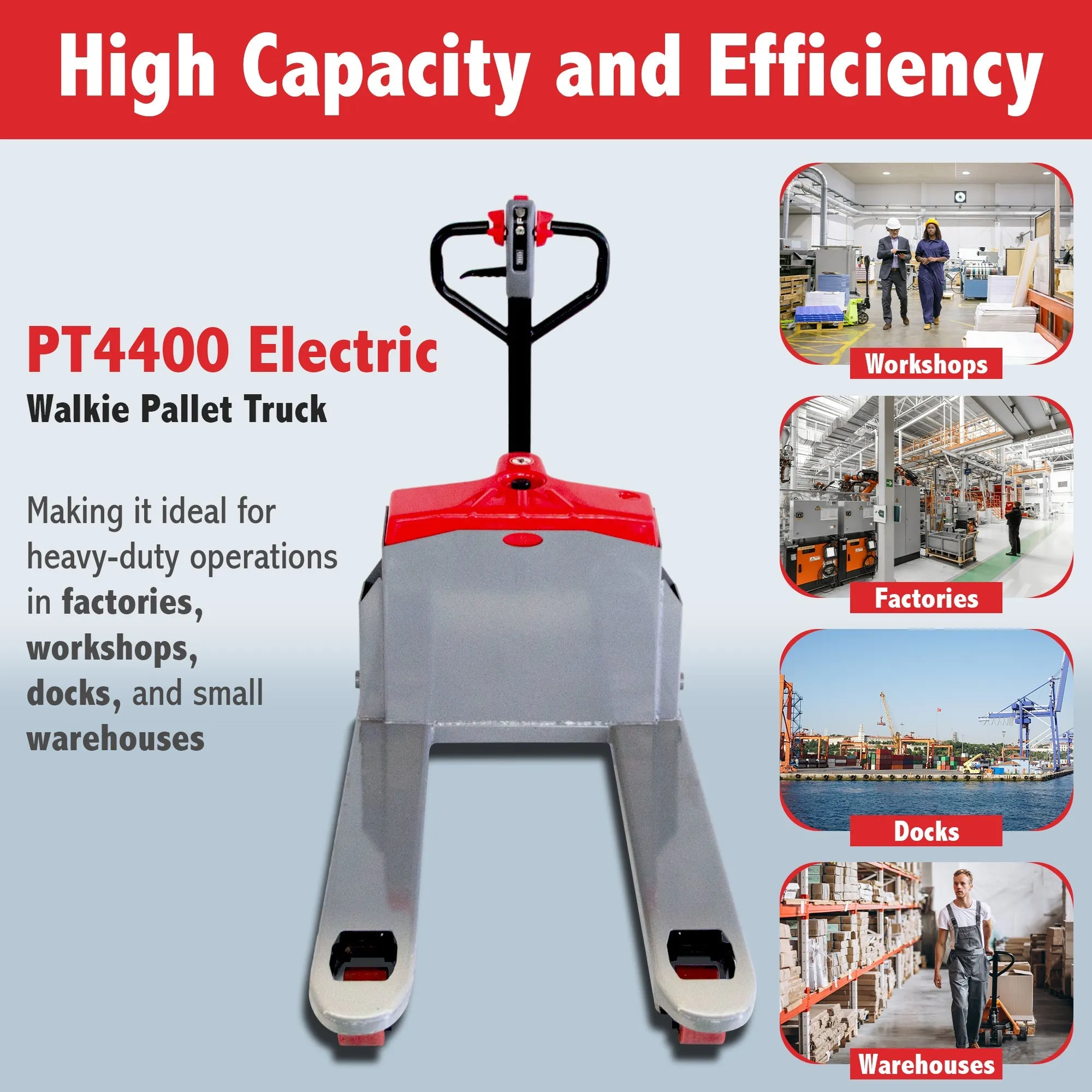 PT4400 Electric Walkie Pallet Truck, 4400 lbs Capacity, 27" Width, Electric Brake