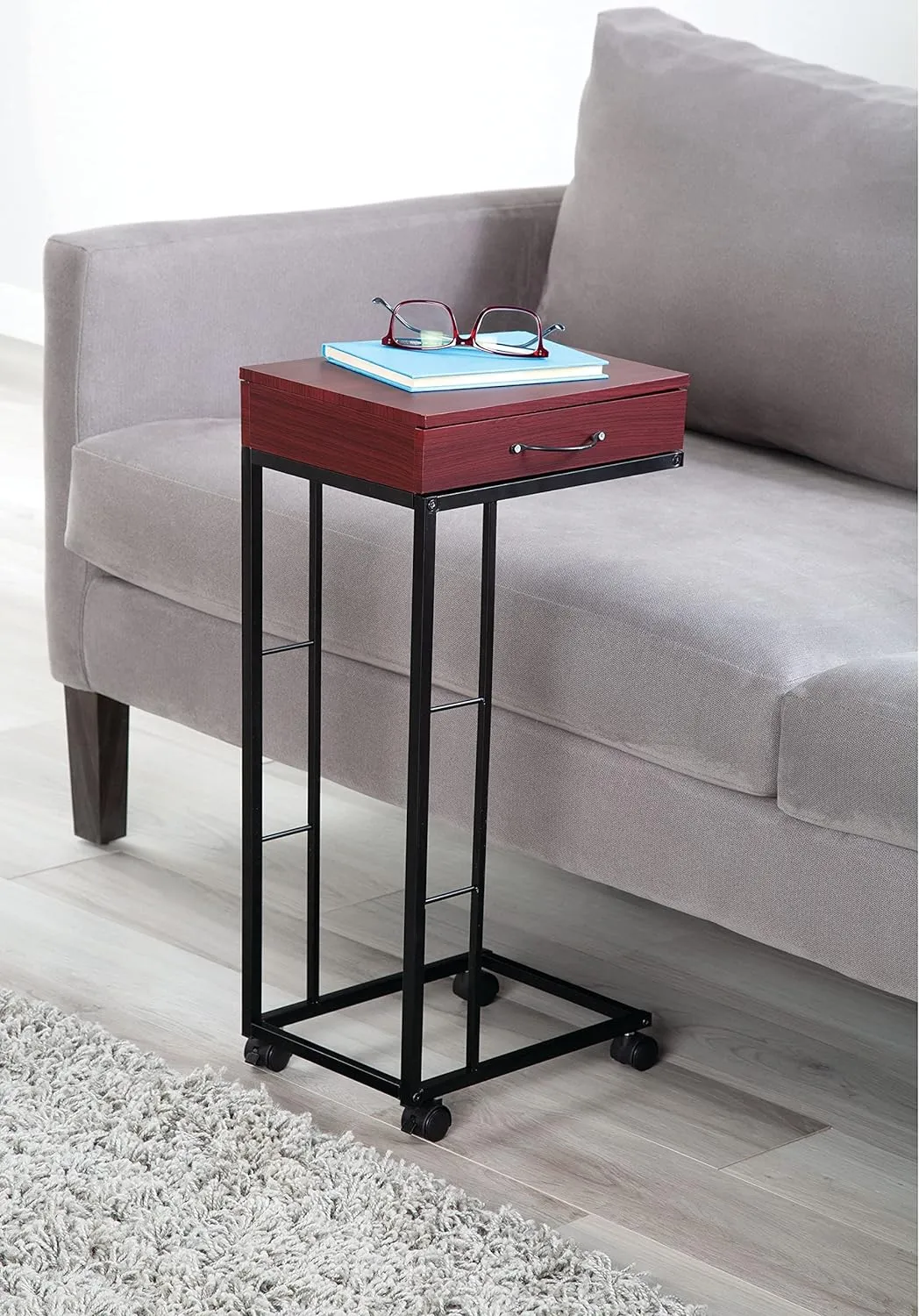 Rustic Charm: Wood and Metal Rolling Side Table with Drawer