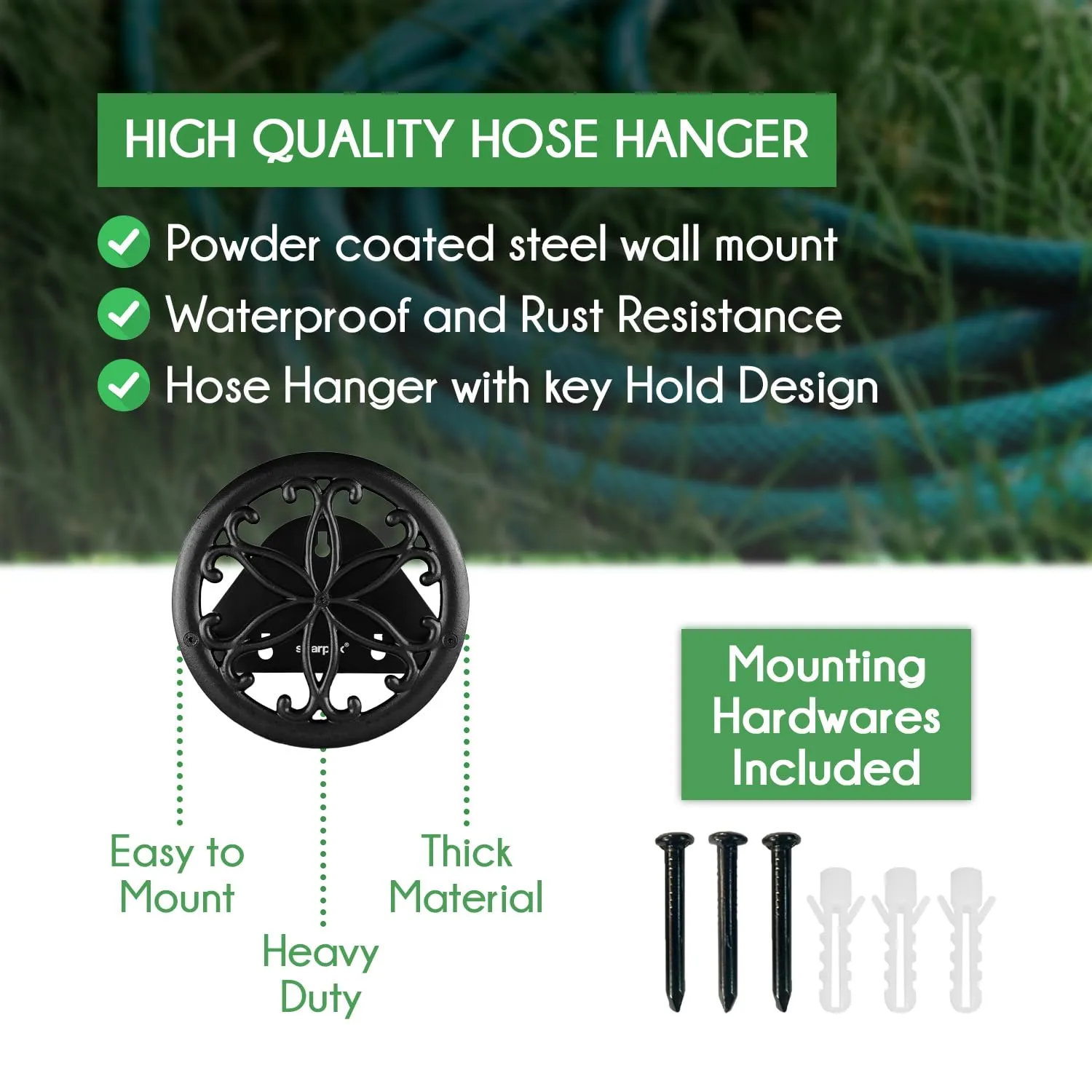 Sharpex DIY Hose Hanger for Garden Pipe - Ornamental Garden Pipe Holder Wall Mounted for Garden, Hotel, Backyard and Outdoor - Heavy Duty Metal Portable Irrigation Hose Pipe Holder Only (Black 3)