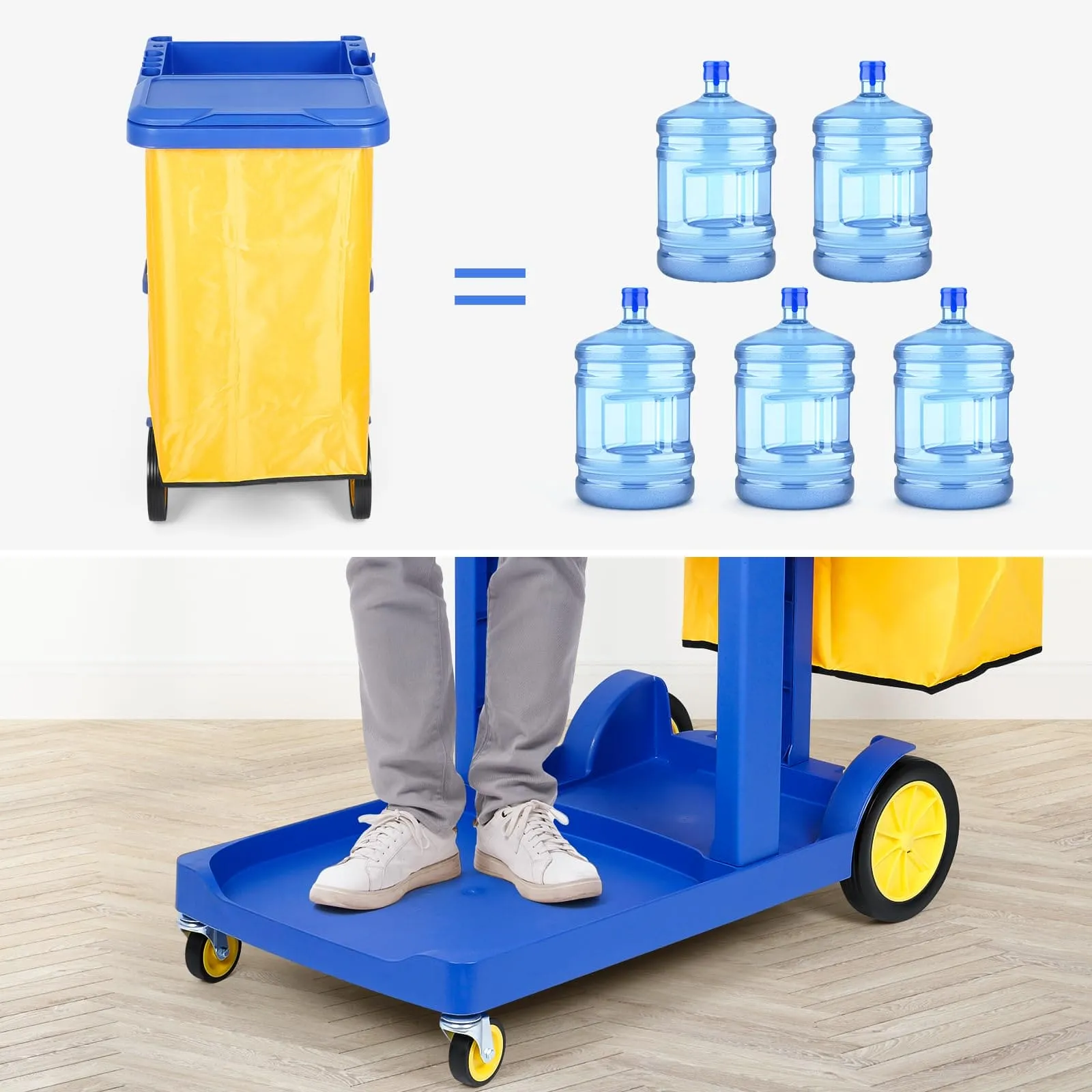 tonchean Commercial Janitorial Cart 3 Shelf, Housekeeping Janitor Cleaning cart, 200 Lbs Large Capacity Janitorial cart, Wheeled with 22 Gallon Yellow Vinyl Bag and Cover lid, Blue