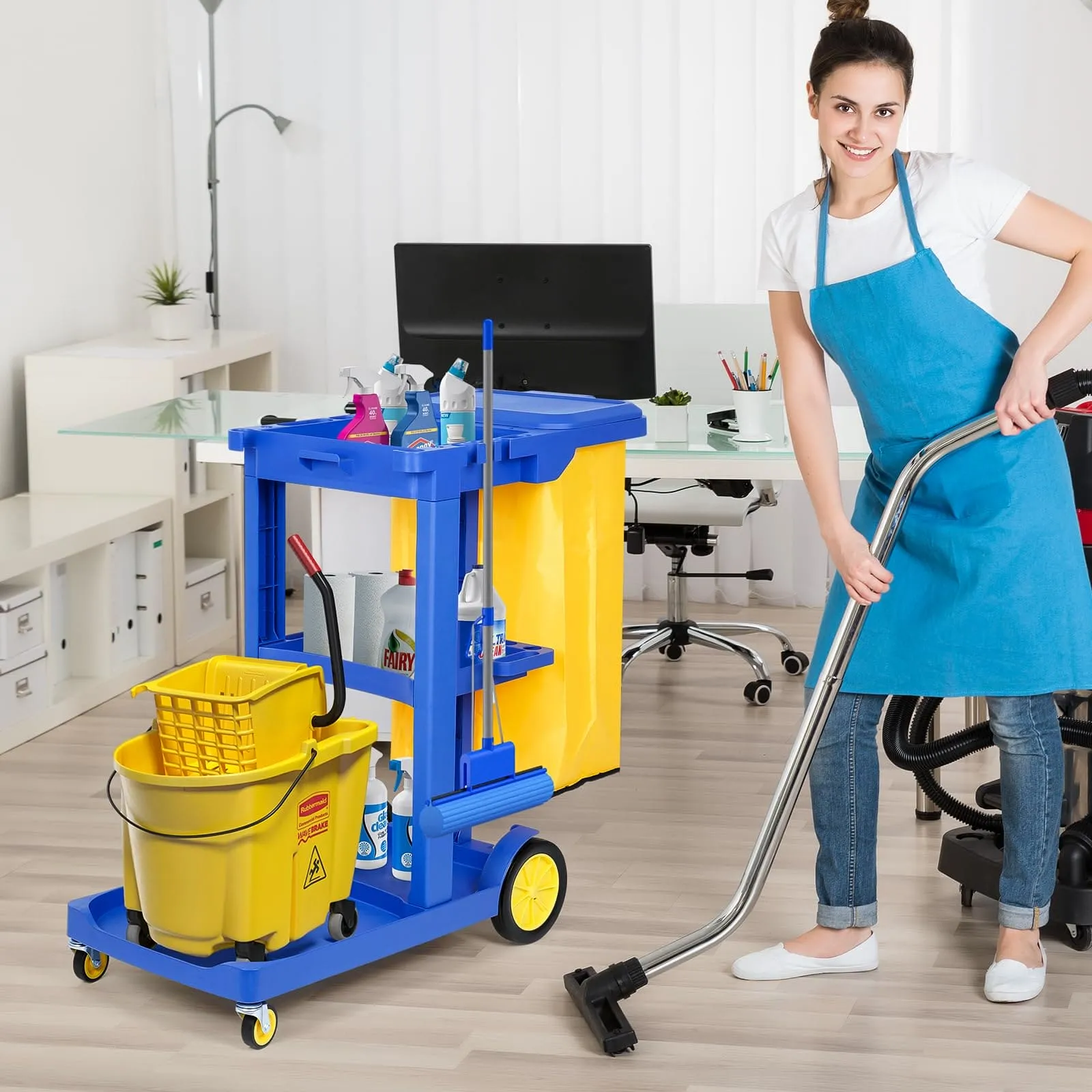 tonchean Commercial Janitorial Cart 3 Shelf, Housekeeping Janitor Cleaning cart, 200 Lbs Large Capacity Janitorial cart, Wheeled with 22 Gallon Yellow Vinyl Bag and Cover lid, Blue