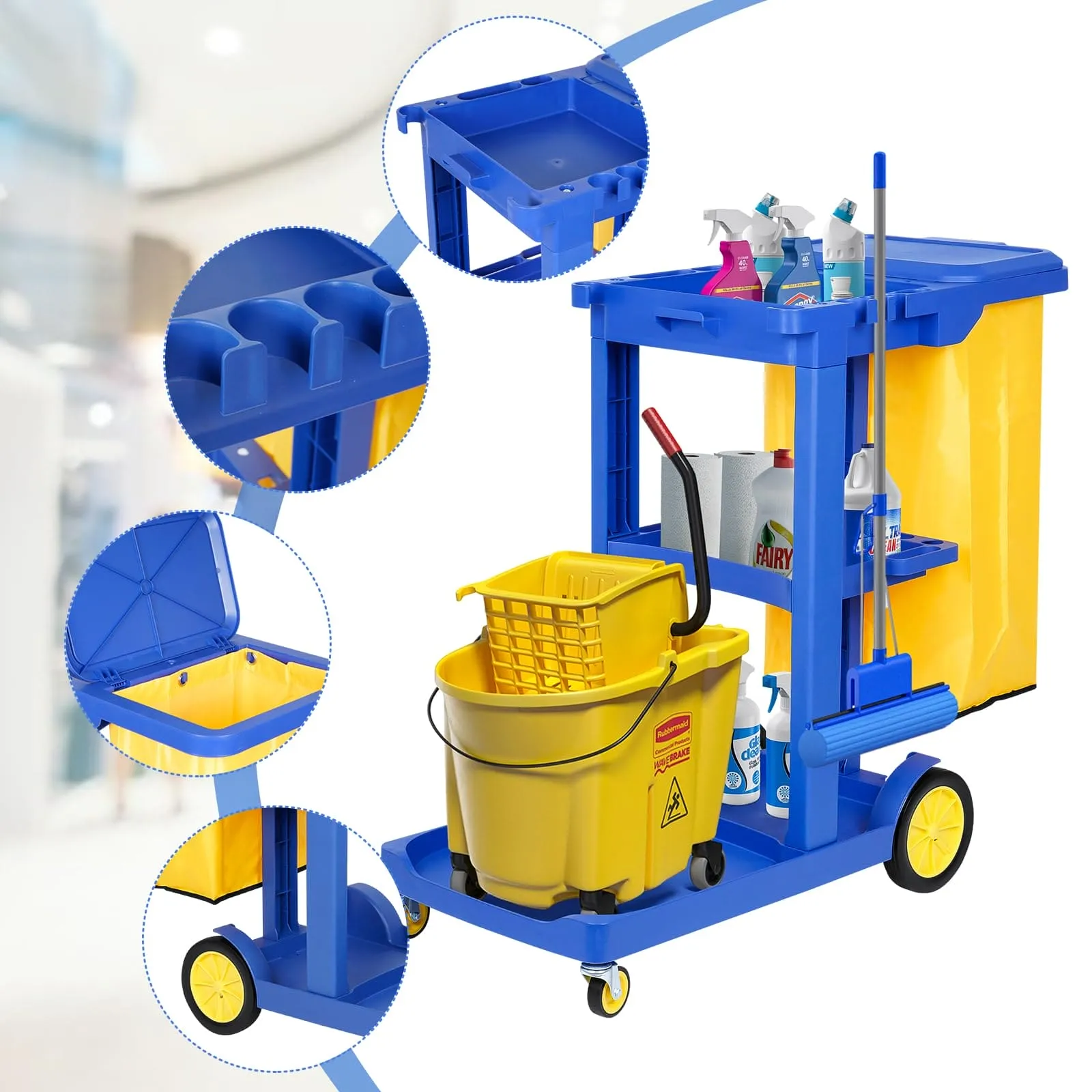 tonchean Commercial Janitorial Cart 3 Shelf, Housekeeping Janitor Cleaning cart, 200 Lbs Large Capacity Janitorial cart, Wheeled with 22 Gallon Yellow Vinyl Bag and Cover lid, Blue