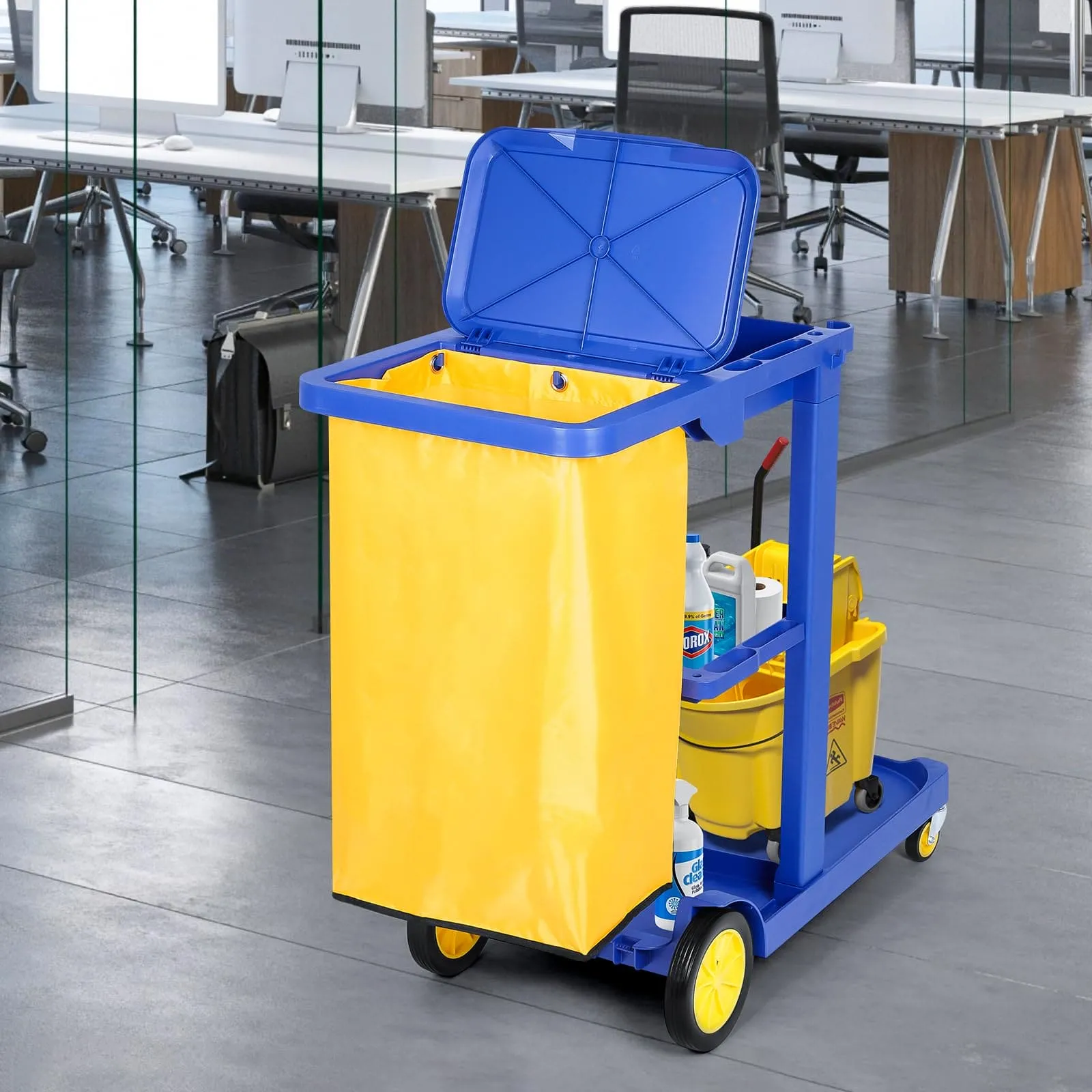 tonchean Commercial Janitorial Cart 3 Shelf, Housekeeping Janitor Cleaning cart, 200 Lbs Large Capacity Janitorial cart, Wheeled with 22 Gallon Yellow Vinyl Bag and Cover lid, Blue