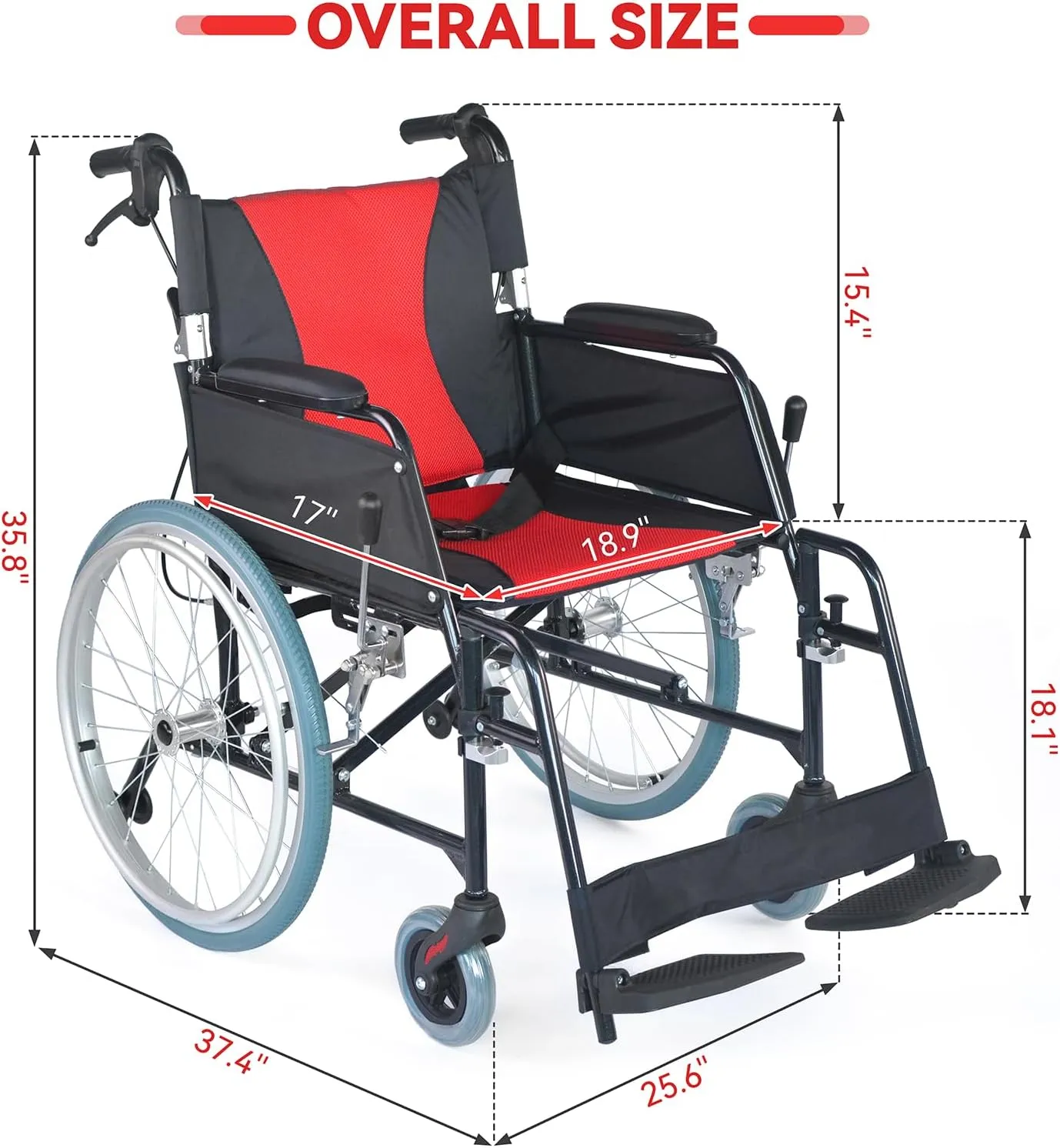 Ultra Lightweight Foldable Wheelchair for Adults - Only 22 lbs | Portable Transport Chair with Handbrakes, Swing Away Footrests, Anti-Tippers