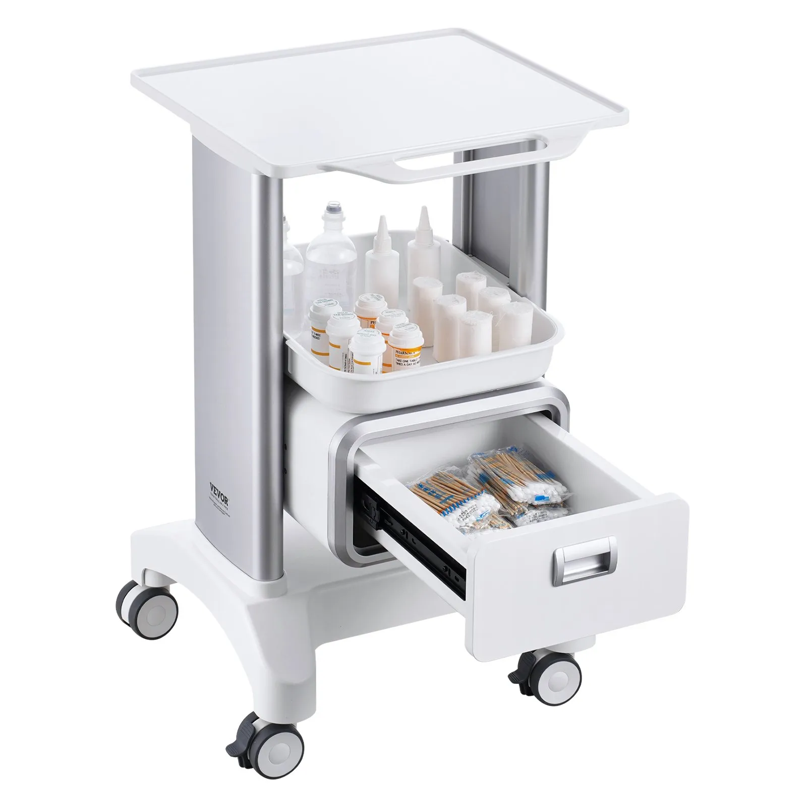 VEVOR 2 Tiers Lab Carts Mobile Medical Cart with 1 Drawer & 1 Top Tray White